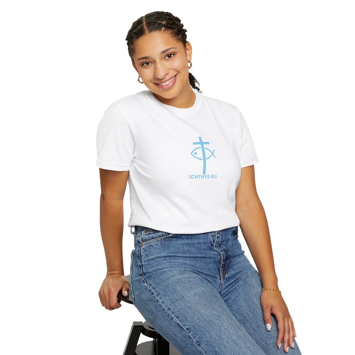 ICHTHYS 911 - Blue Font "Faith, Hope, & Love" - Unisex T-Shirt - Men T-Shirt - Christian Women Tee - Faith-Inspired Shirt - Christian Fashion - Wear Your Faith