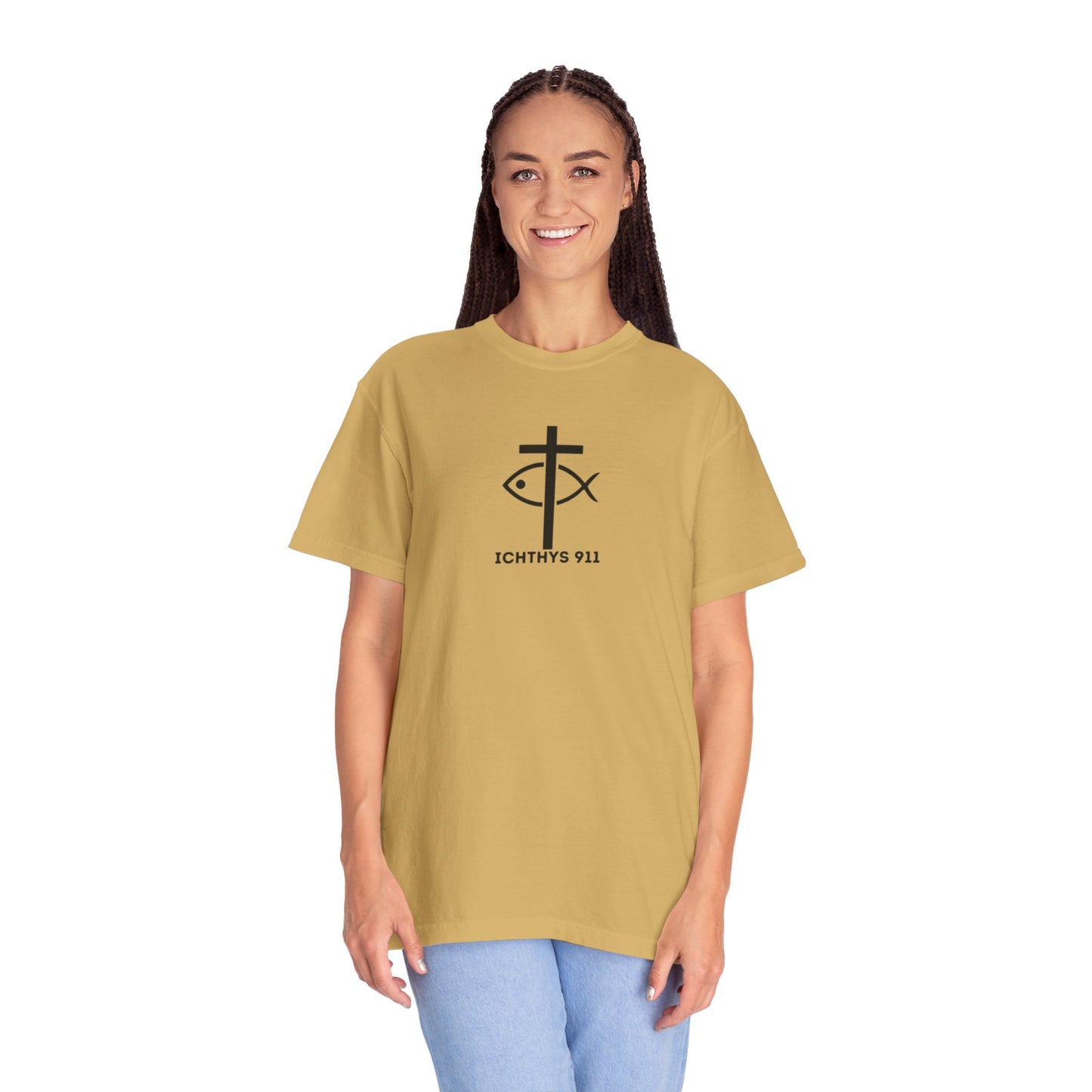ICHTHYS 911 - Black Font - Additional Flavors - "Faith & Strength" - Unisex  - Garment Dyed -100% US Cotton -Short Sleeve Tee - Inspirational Graphic T-Shirt for Everyday Motivation - Women T-Shirt - Soft T