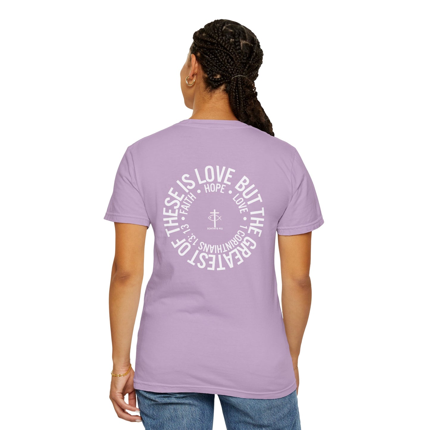 ICHTHYS 911 - White Font "Faith, Hope, & Love" - Garment Dyed - 100% US Cotton - Unisex T-Shirt - Men T-Shirt - Christian Women Tee - Faith-Inspired Shirt - Christian Fashion - Wear Your Faith - Additional Colors