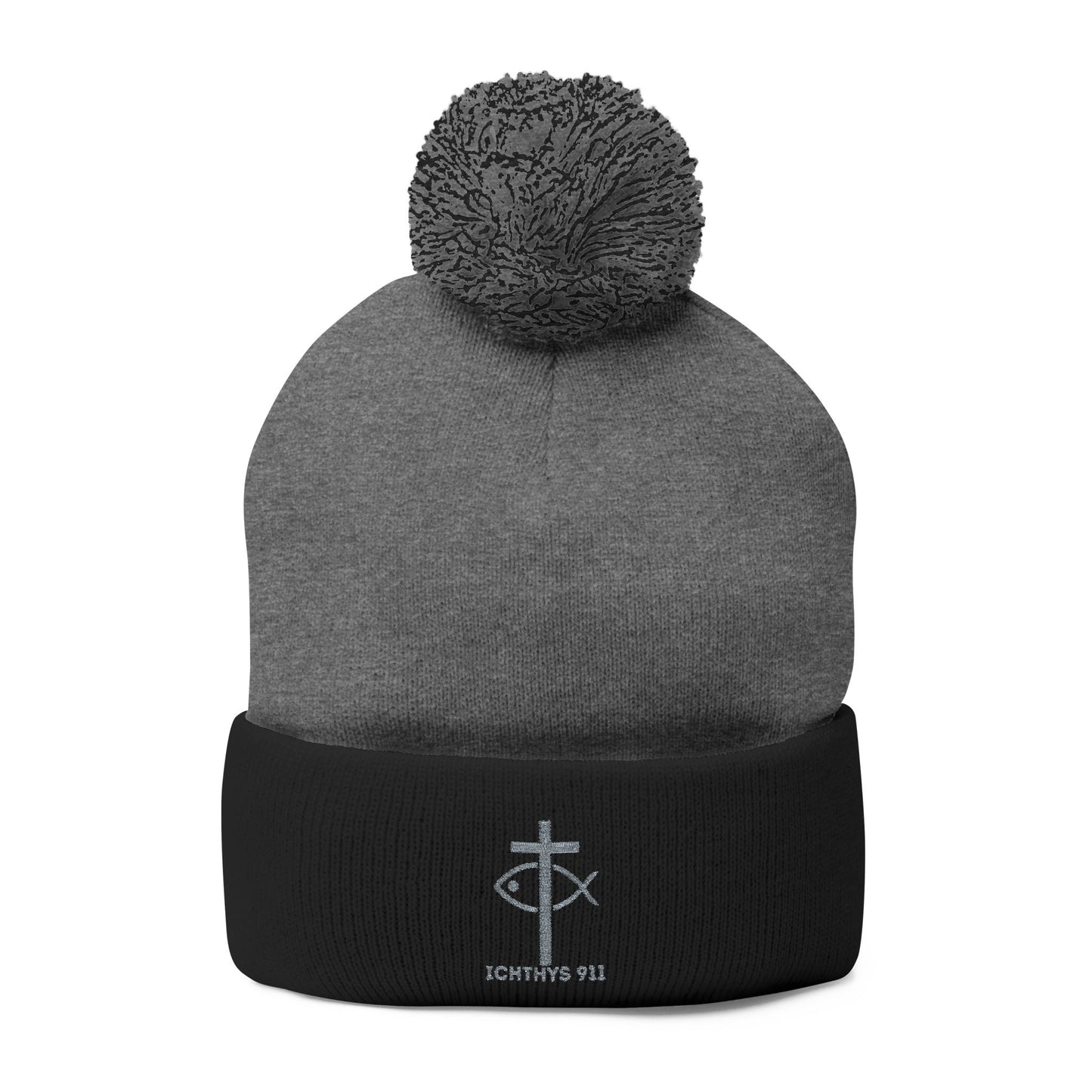 Cozy Pom-Pom Knit Cap | Winter Accessory with Embroidery - Christian Faith Wear - ICHTHYS 911 Design
