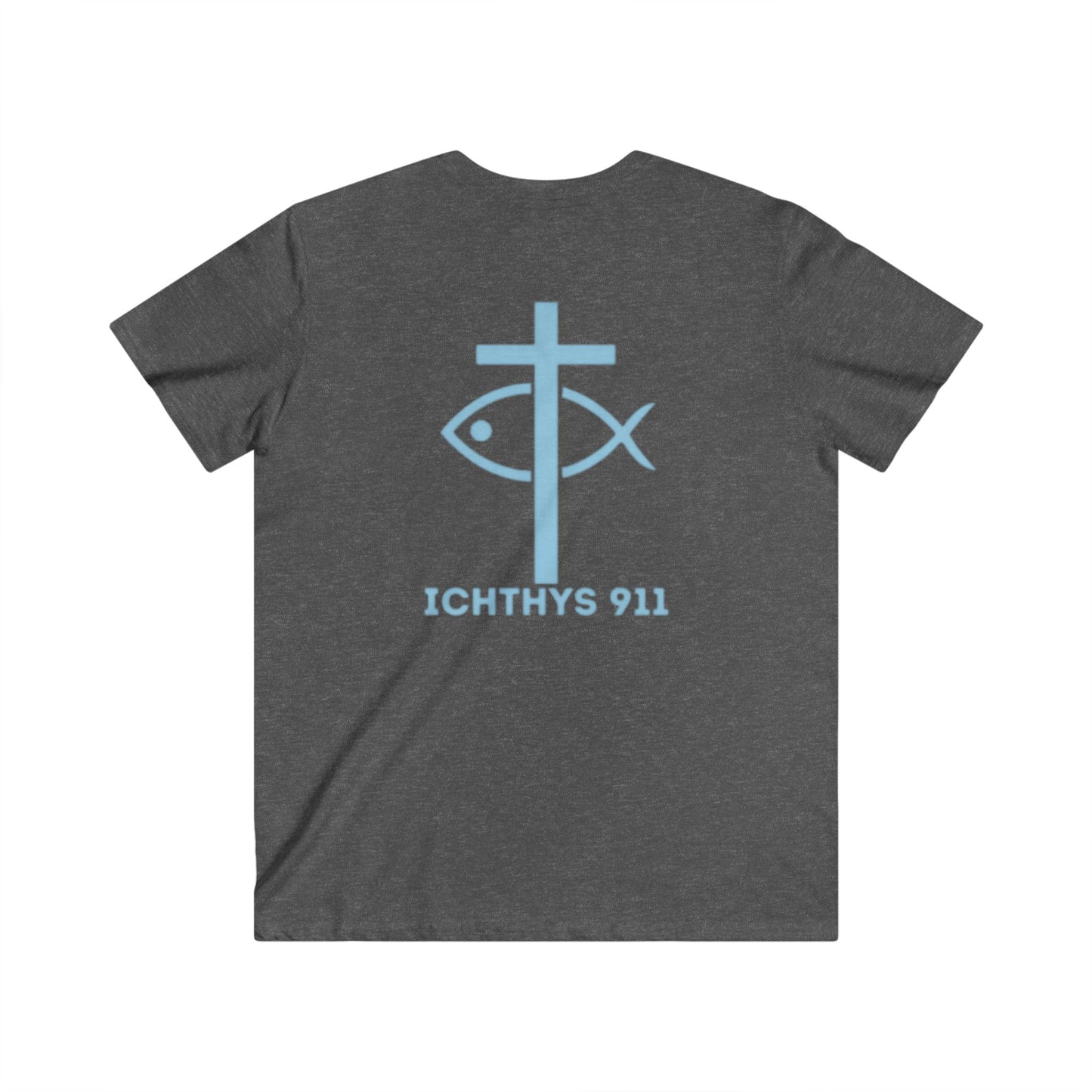 ICHTHYS 911 - Jesus Christ - Son of God - Reverse - Savior Collection - Men's Fitted V-Neck Short Sleeve T - Shirt - Faith-Inspired - Christian Faith - Blue Font