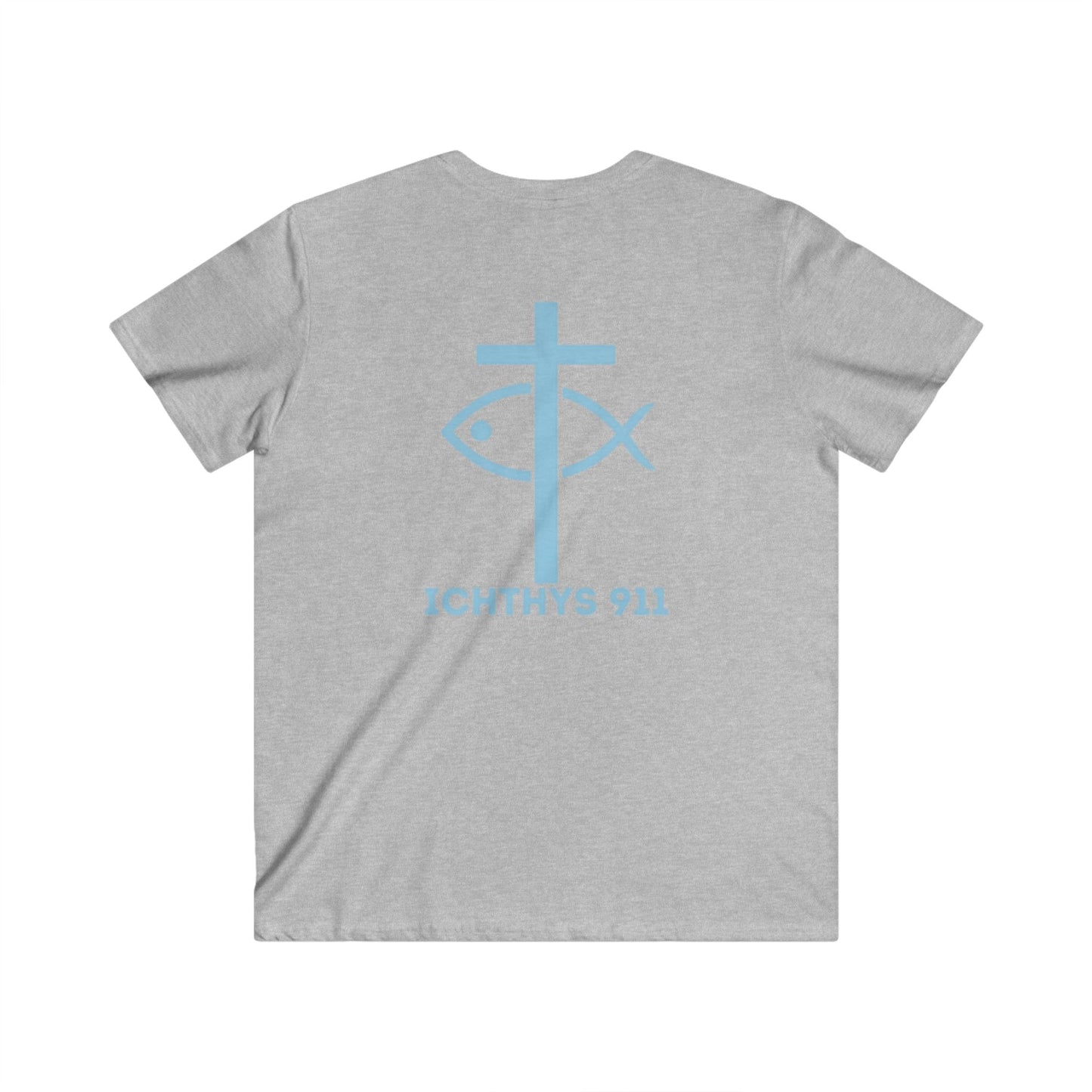 ICHTHYS 911 - Jesus Christ - Son of God - Reverse - Savior Collection - Men's Fitted V-Neck Short Sleeve T - Shirt - Faith-Inspired - Christian Faith - Blue Font