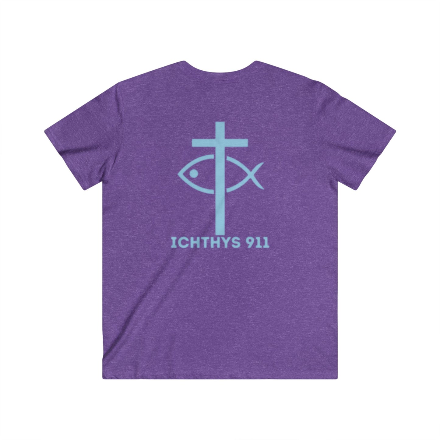ICHTHYS 911 - Jesus Christ - Son of God - Reverse - Savior Collection - Men's Fitted V-Neck Short Sleeve T - Shirt - Faith-Inspired - Christian Faith - Blue Font