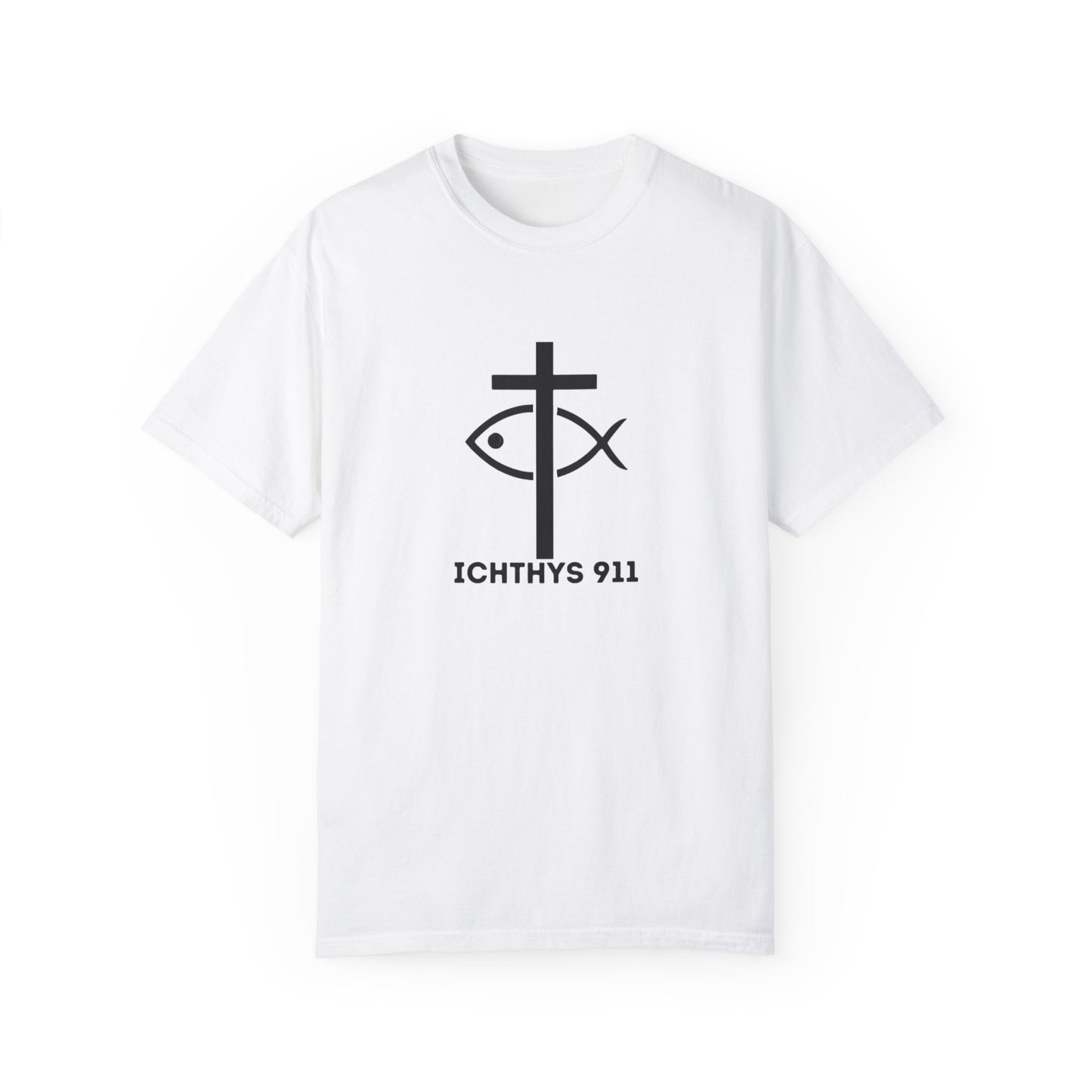 ICHTHYS 911 - Authentic - W/O IC 911 on Back Christian Streetwear T-Shirt – Jesus Gym & Faith Fashion, Unisex Garment-Dyed T-Shirt Hot Pink Font