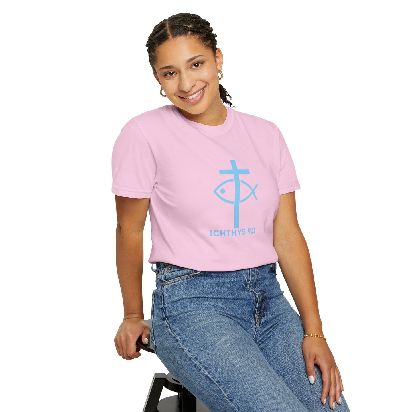 ICHTHYS 911 "Strength Through Christ Philippians 4:13" - Blue Font - Unisex Garment Dyed T- Shirt - 100% US Cotton -Men T-Shirt - Women T-Shirt- Christian Activewear - Wear Your Faith