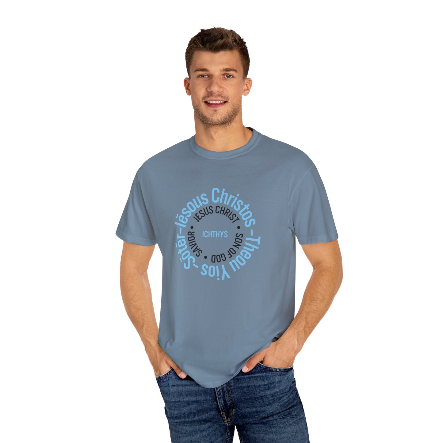 ICHTHYS 911 Blue Font "Iēsous Christos, Theou Yios, Sōtēr" - Reverse - Collection - Unisex - Christian Graphic Tee - Gym - T - Christian Faith - Jesus Wear - Women T-Shirt - Men T-Shirt