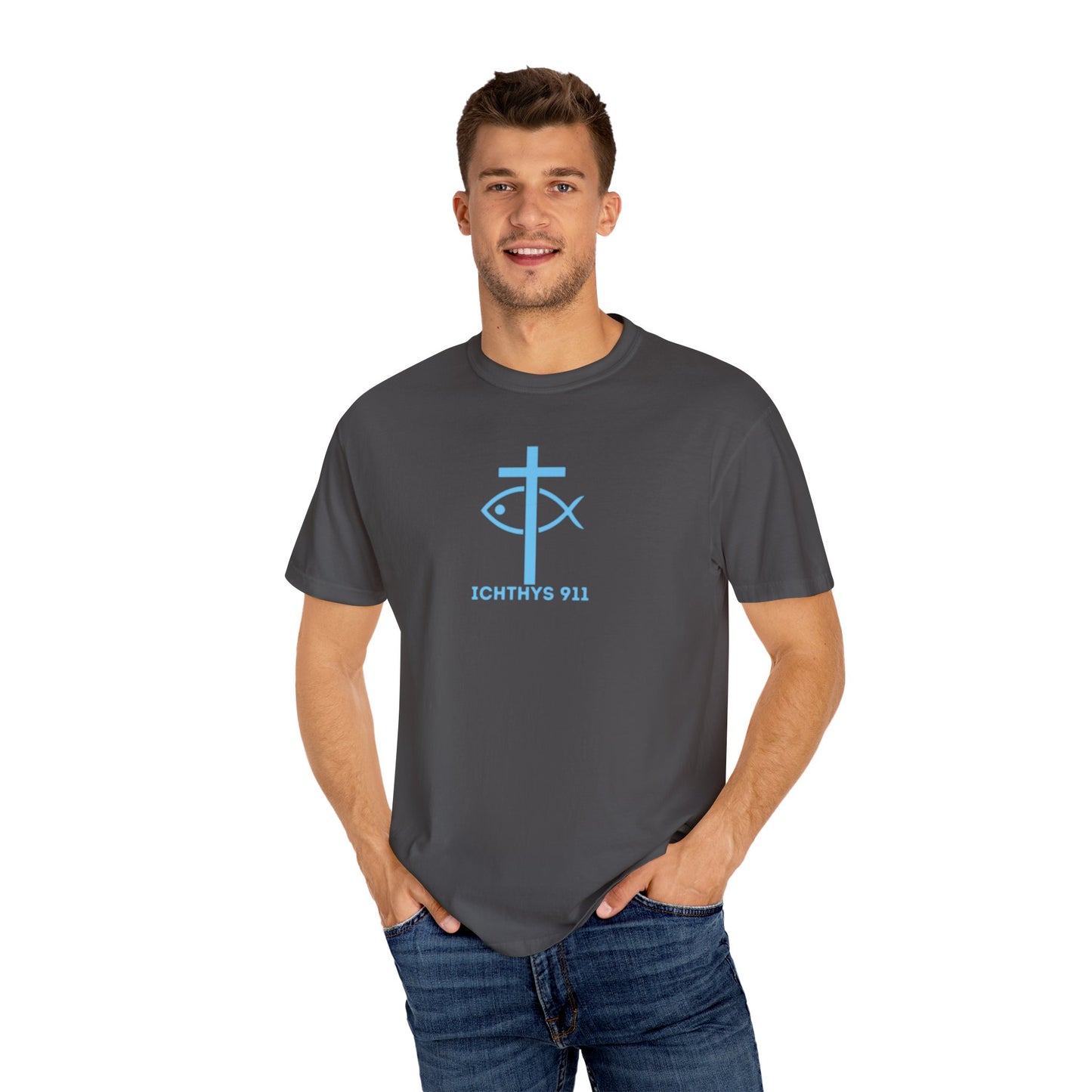 Jesus Christ Son of God Savior - Blue Font - Christian Streetwear T-Shirt – Jesus Gym & Faith Fashion, Unisex Garment-Dyed T-Shirt, ICHTHYS911, Men T-Shirt, Women T-Shirt