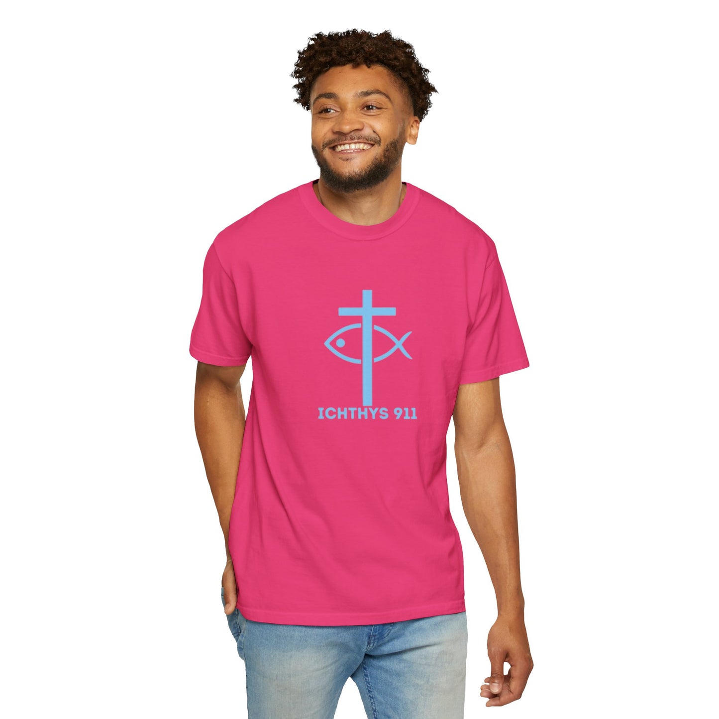 ICHTHYS 911 "Strength Through Christ Philippians 4:13" - Blue Font - Unisex Garment Dyed T- Shirt - 100% US Cotton -Men T-Shirt - Women T-Shirt- Christian Activewear - Wear Your Faith
