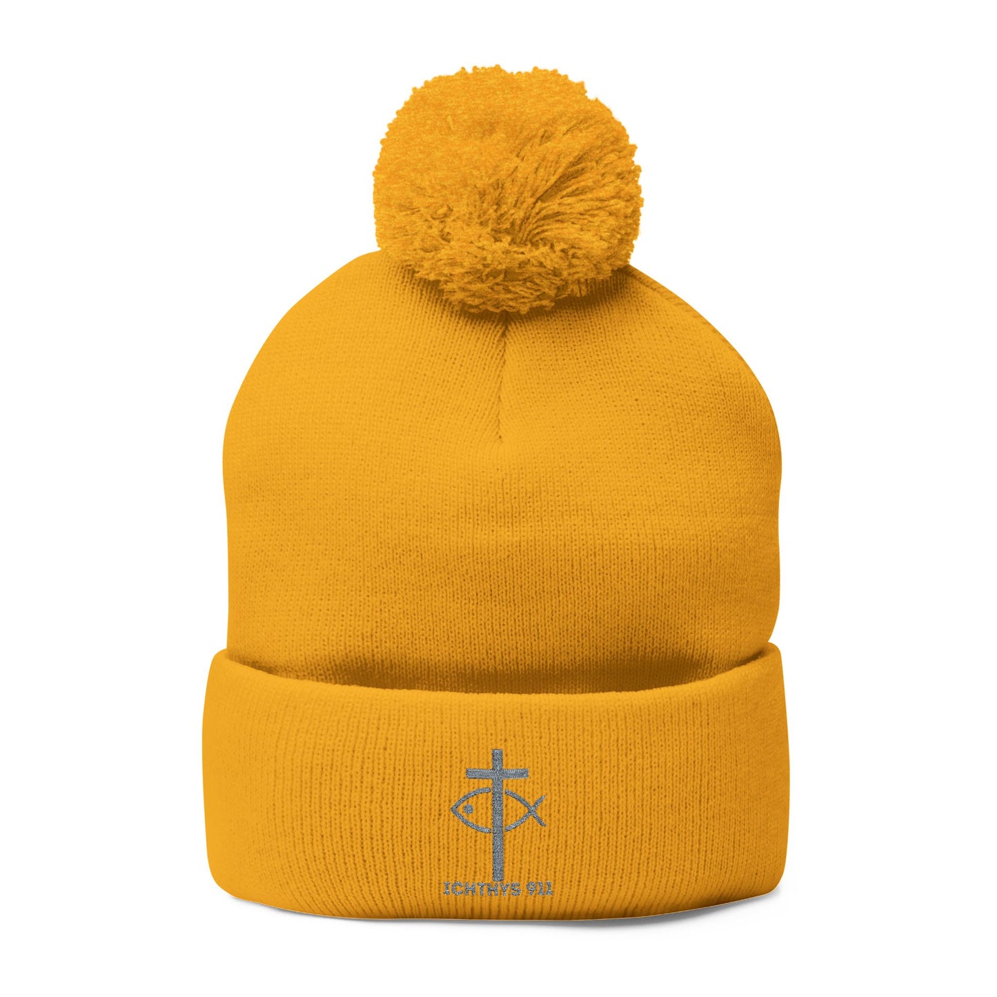 Cozy Pom-Pom Knit Cap | Winter Accessory with Embroidery - Christian Faith Wear - ICHTHYS 911 Design