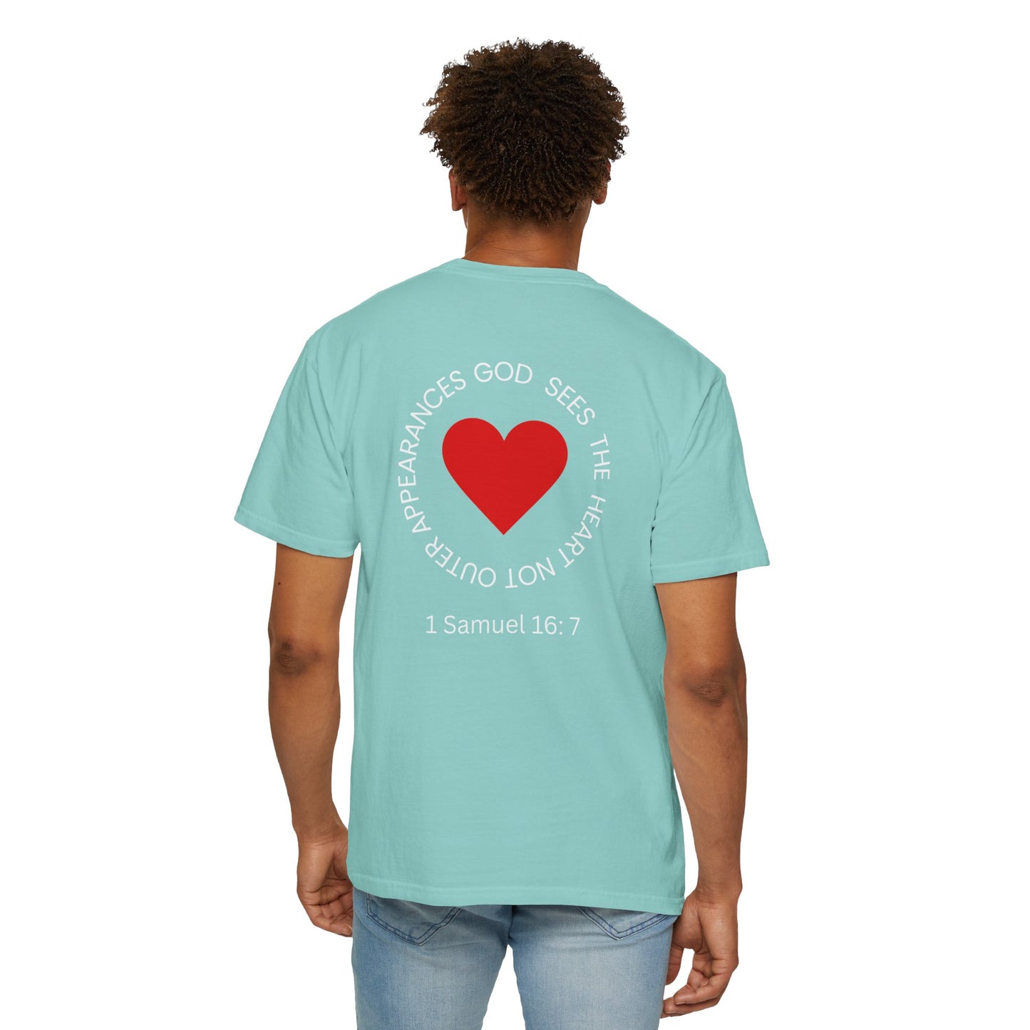 ICHTHYS 911 -  "God Sees the Heart" - White Font - Unisex Garment - Dyed T-Shirt - Inspirational Graphic T-Shirt for Everyday Motivation - 100% US cotton