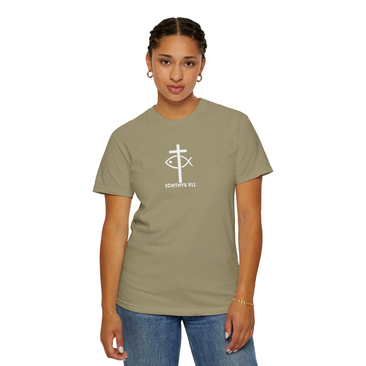ICHTHYS 911 - White Font "Authentic" - Unisex - Men T-Shirt - Women T-Shirt - Christian Streetwear T-Shirt - Jesus Gym & Faith Fashion, Unisex Garment-Dyed T-Shirt