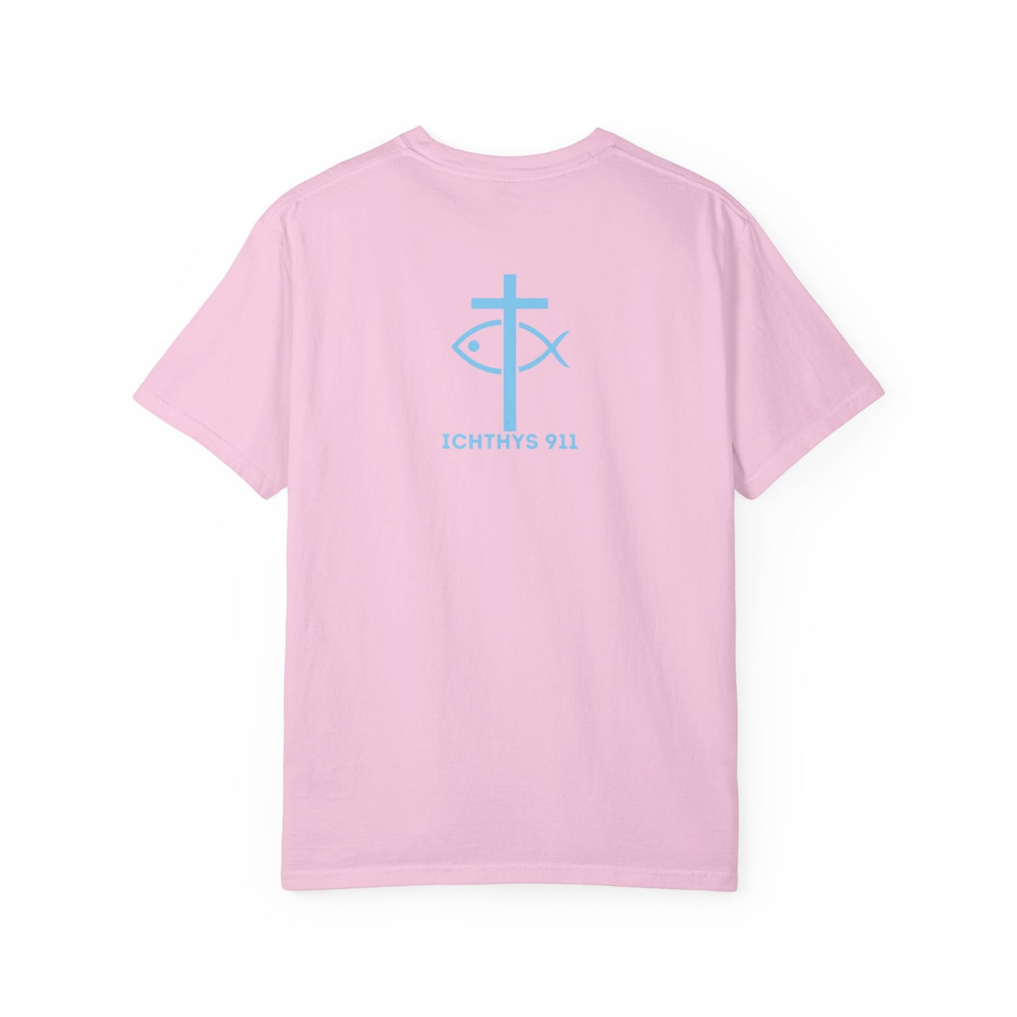 ICHTHYS 911 Blue & Black Font "Iēsous Christos, Theou Yios, Sōtēr" - Collection - Reverse Design - Unisex Garment Dyed - 100% US Cotton - Christian Graphic Tee - Gym - T - Christian Faith - Jesus Wear - Women T-Shirt - Men T-Shirt