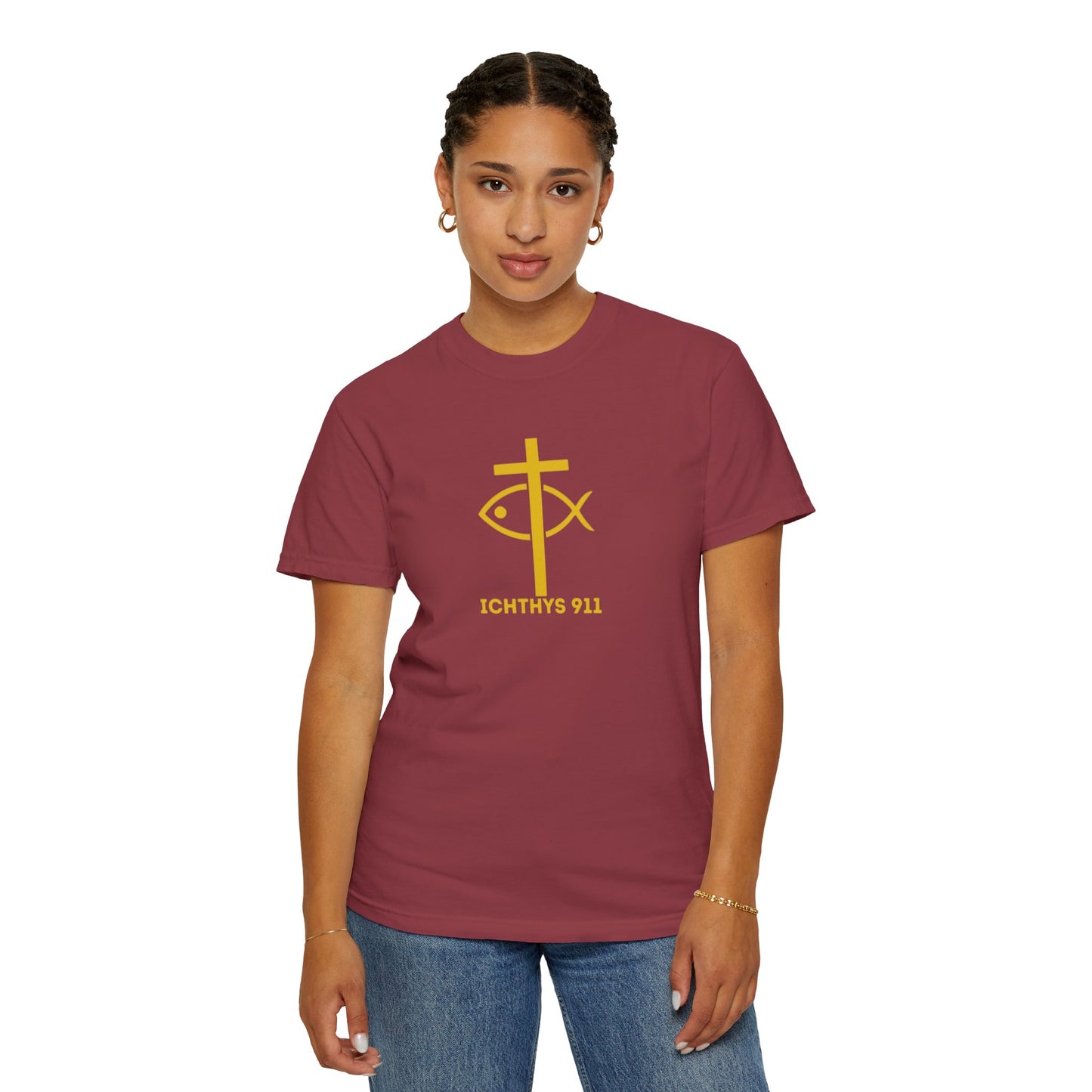 ICHTHYS 911 - "Jesus Christ Son of God Savior" - Gold Font - Unisex Garment Dyed T- Shirt - Men T-Shirt - Women T-Shirt - Christian Streetwear T-Shirt – Jesus Gym & Faith Fashion