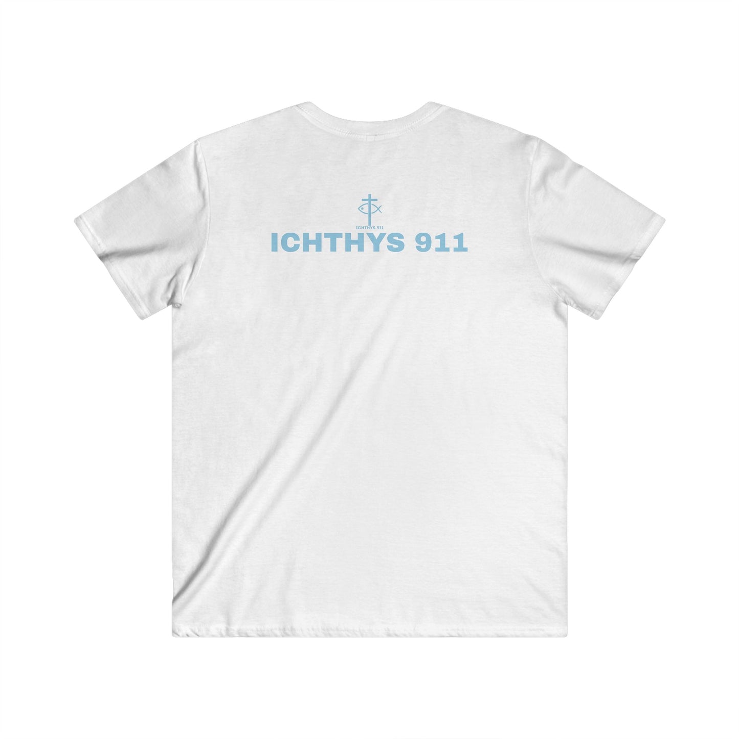 ICHTHYS 911 - Authentic Collection - Men's Fitted V-Neck Short Sleeve T - Shirt - Faith-Inspired in Light Blue Font Christian Faith