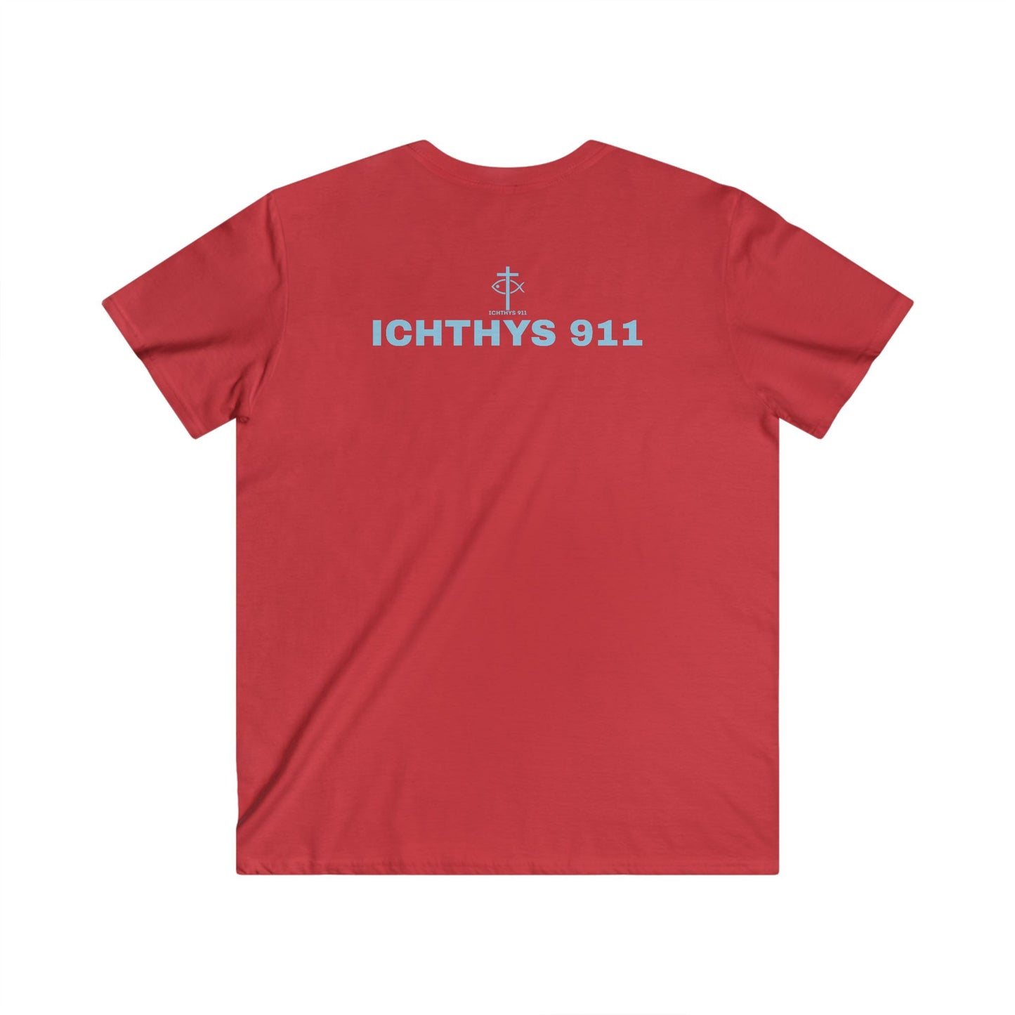 ICHTHYS 911 - Authentic Collection - Men's Fitted V-Neck Short Sleeve T - Shirt - Faith-Inspired in Light Blue Font Christian Faith
