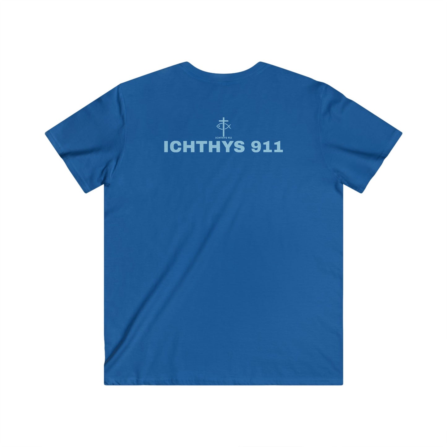 ICHTHYS 911 - Authentic Collection - Men's Fitted V-Neck Short Sleeve T - Shirt - Faith-Inspired in Light Blue Font Christian Faith