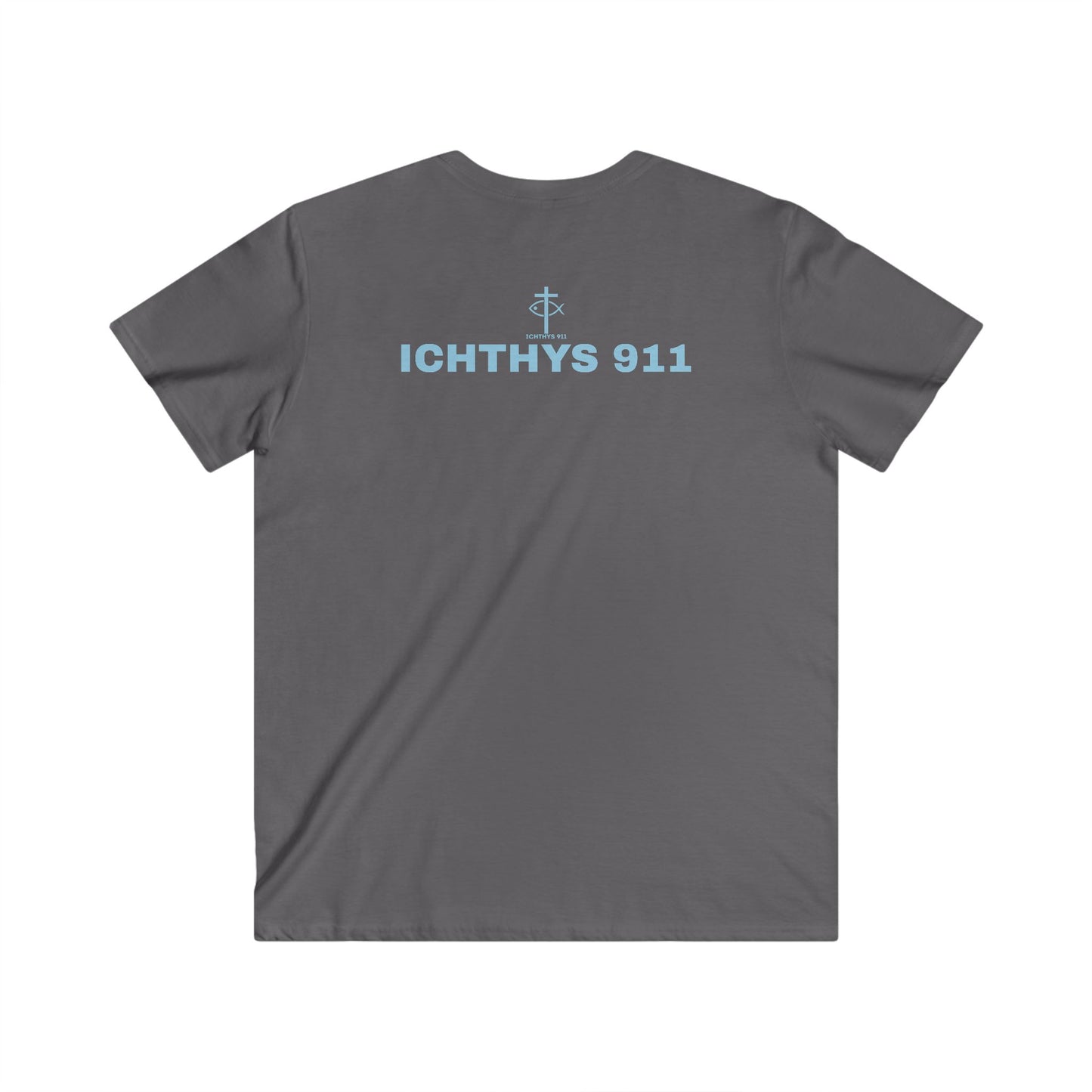 ICHTHYS 911 - Authentic Collection - Men's Fitted V-Neck Short Sleeve T - Shirt - Faith-Inspired in Light Blue Font Christian Faith