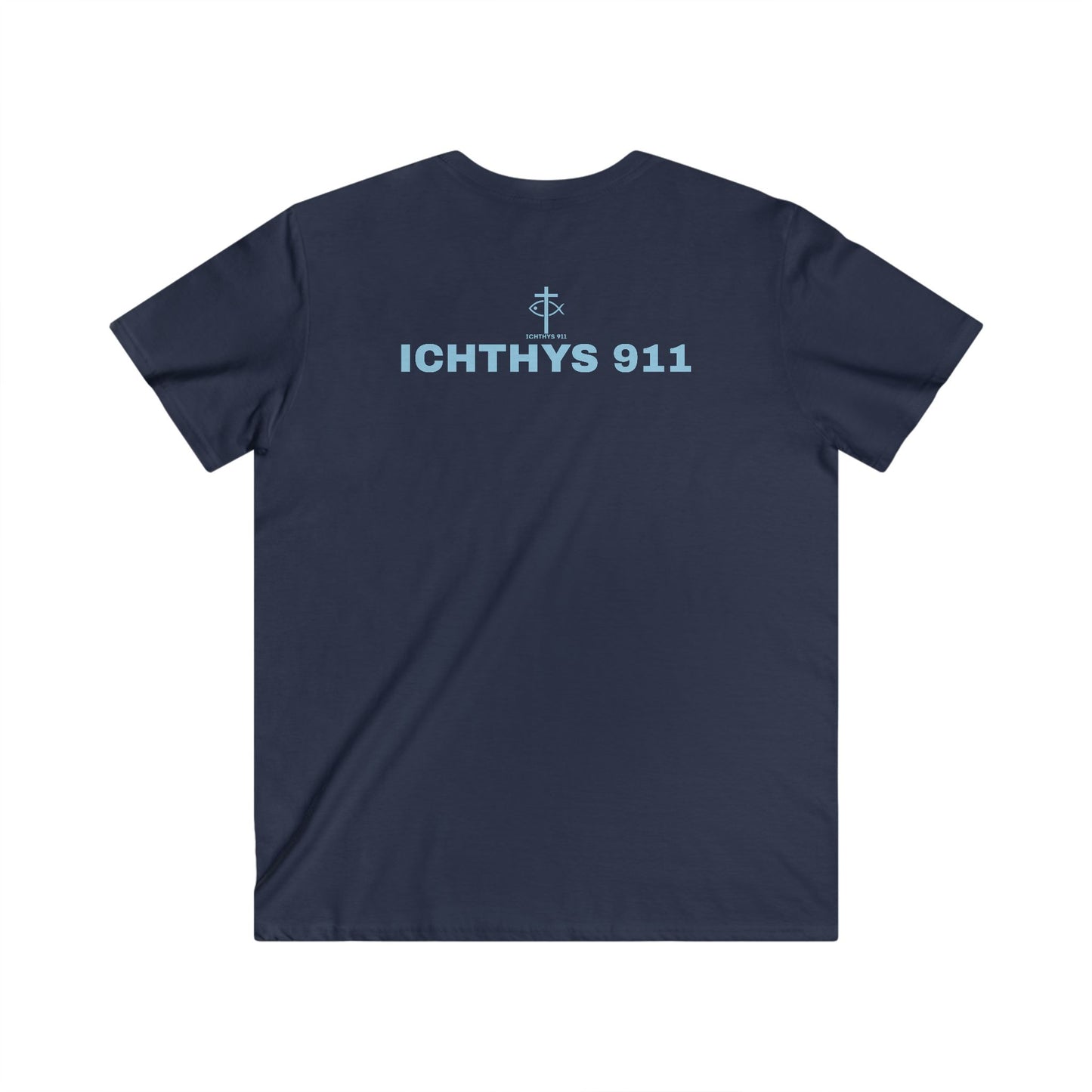 ICHTHYS 911 - Authentic Collection - Men's Fitted V-Neck Short Sleeve T - Shirt - Faith-Inspired in Light Blue Font Christian Faith