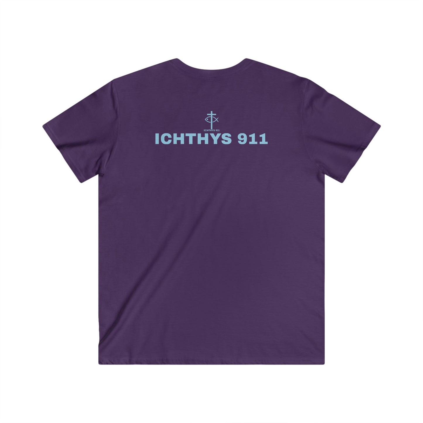 ICHTHYS 911 - Authentic Collection - Men's Fitted V-Neck Short Sleeve T - Shirt - Faith-Inspired in Light Blue Font Christian Faith
