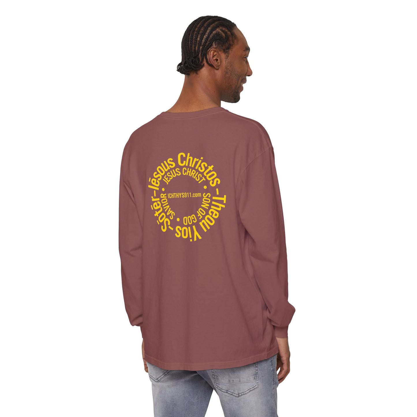 Authentic ICHTHYS 911 Collection -  Gold Font - Unisex Garment Dyed Long Sleeve T-Shirt - Men Long Sleeve - Women Long Sleeve - Christian Faith Symbol Tee - Faith Inspired