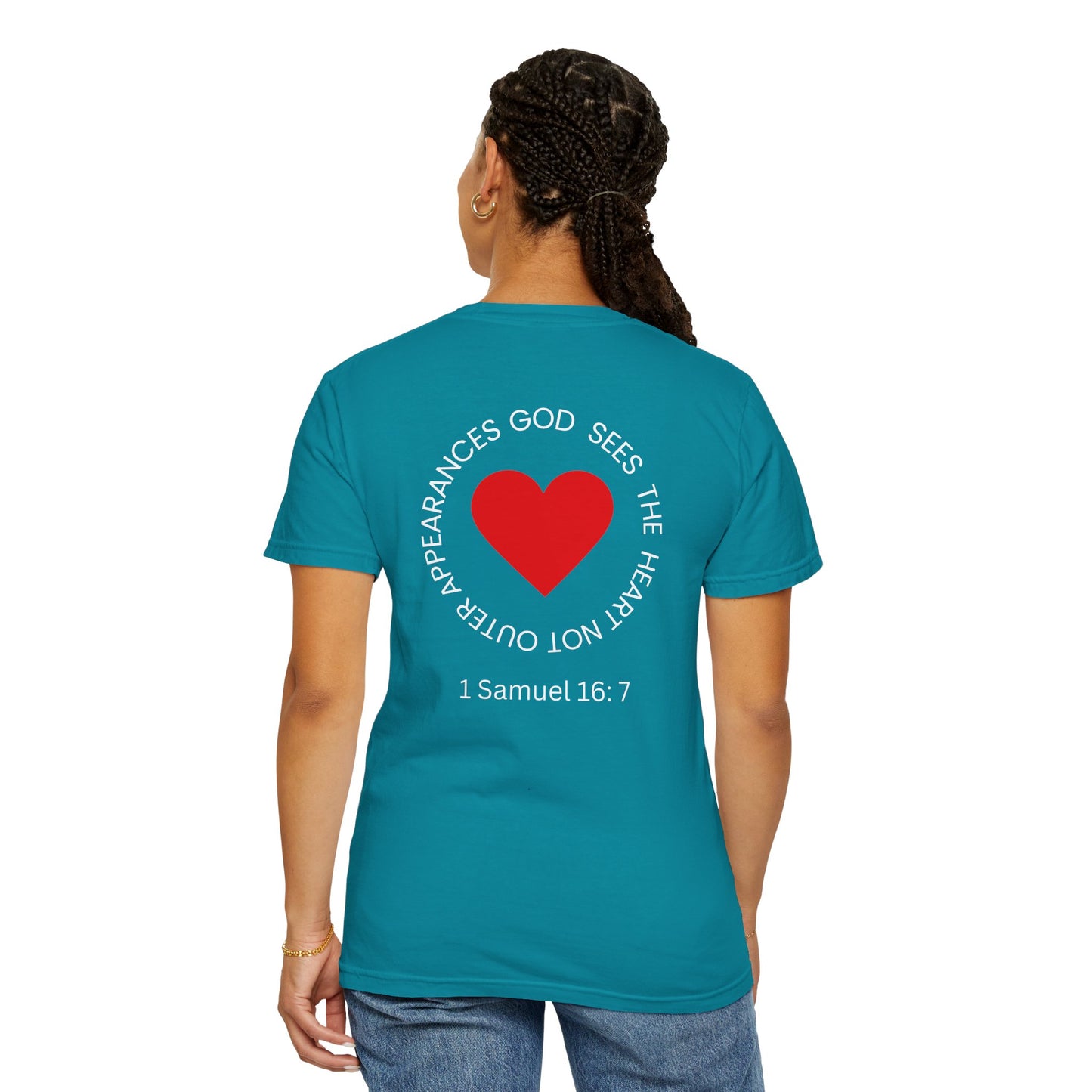 ICHTHYS 911 -  "God Sees the Heart" - White Font - Unisex Garment - Dyed T-Shirt - Inspirational Graphic T-Shirt for Everyday Motivation - 100% US cotton