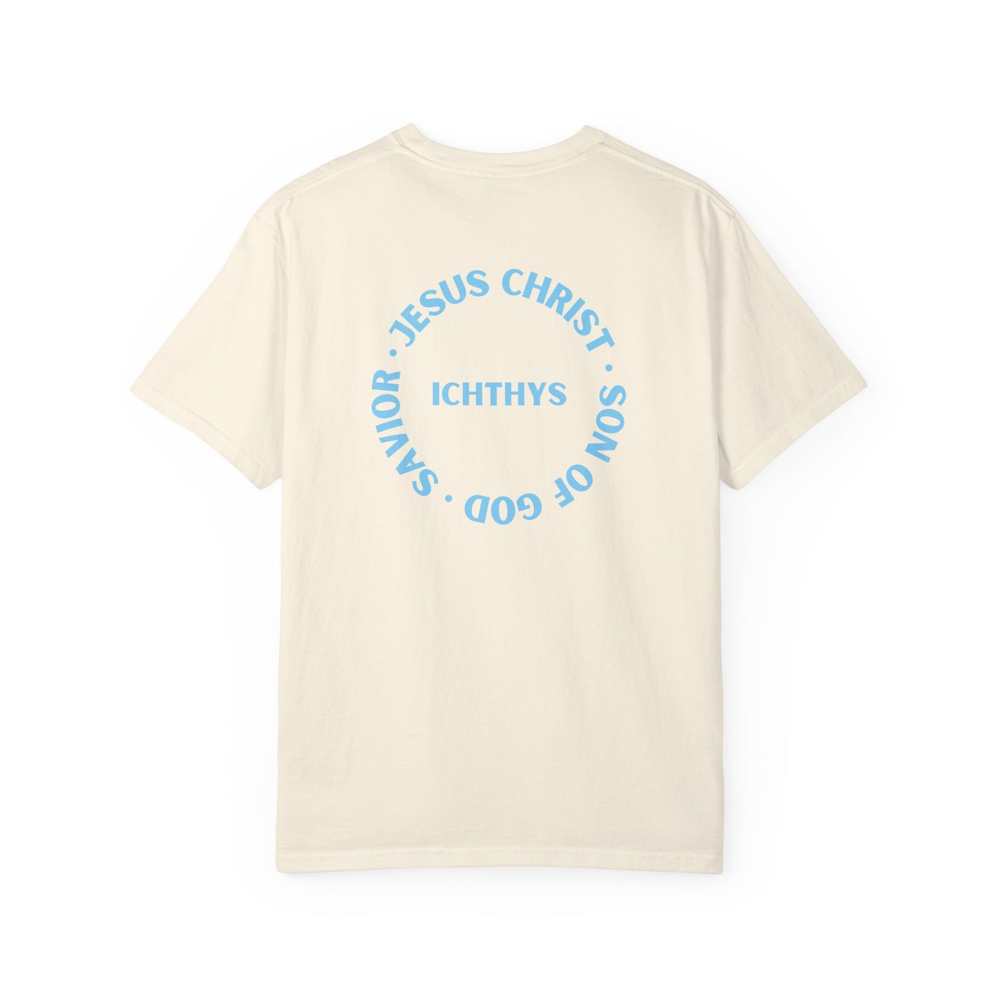 Jesus Christ Son of God Savior - Blue Font - Christian Streetwear T-Shirt – Jesus Gym & Faith Fashion, Unisex Garment-Dyed T-Shirt, ICHTHYS911, Men T-Shirt, Women T-Shirt