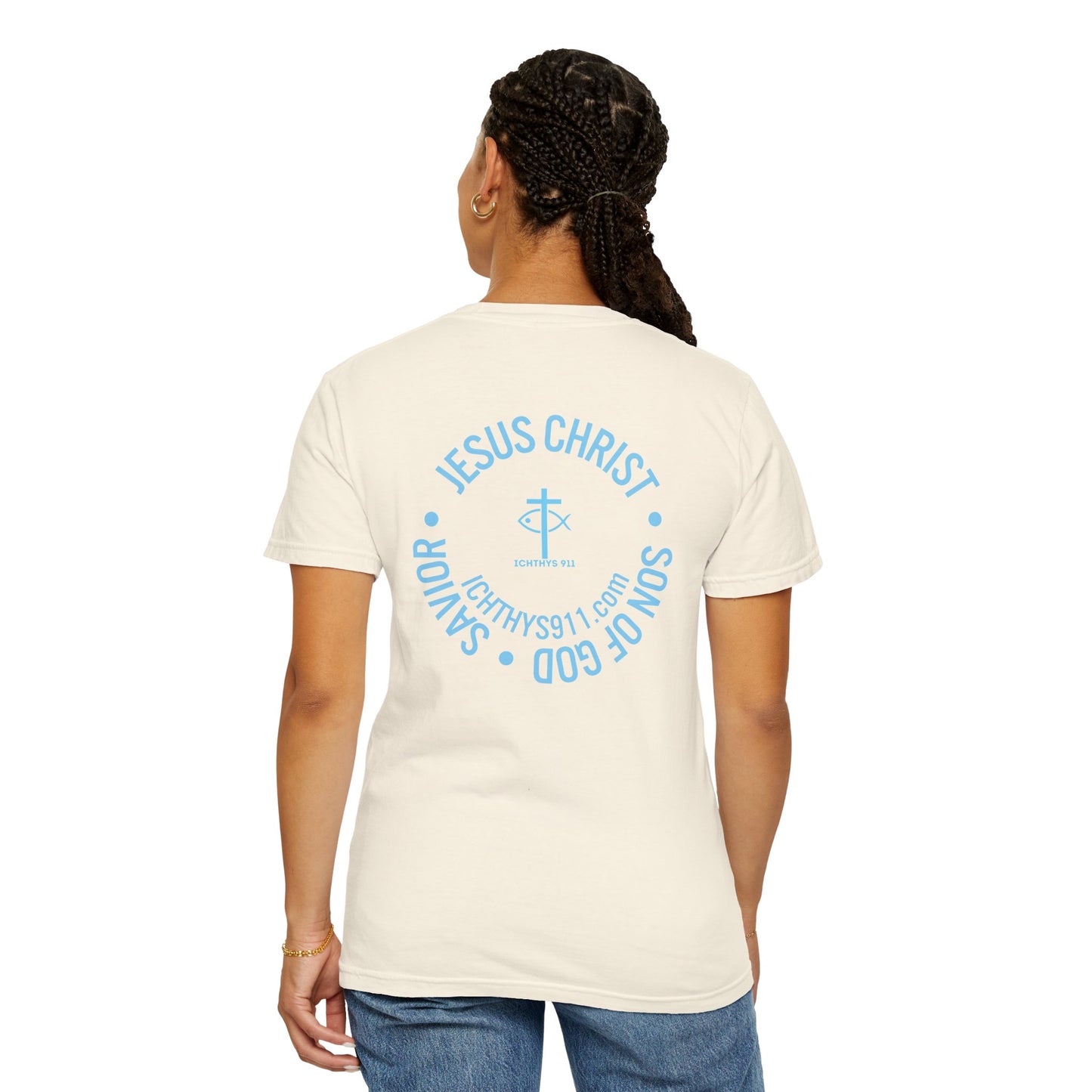 Jesus Christ Son of God Savior - Blue Font - Christian Streetwear T-Shirt – Jesus Gym & Faith Fashion, Unisex Garment-Dyed T-Shirt- ICHTHYS 911