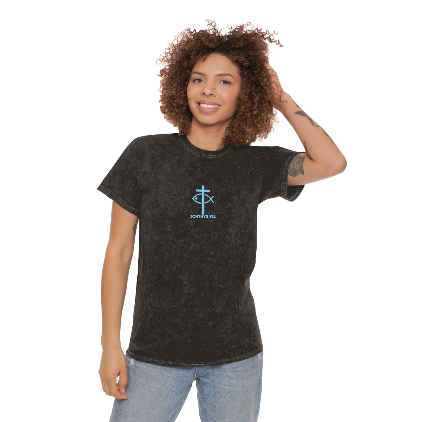 ICHTHYS 911 "Retro JC BD" Unisex Mineral Wash T-Shirt - Faith-Inspired Design with Jesus Christ Print - Wear Your Faith - Men T-Shirt - Women T-Shirt