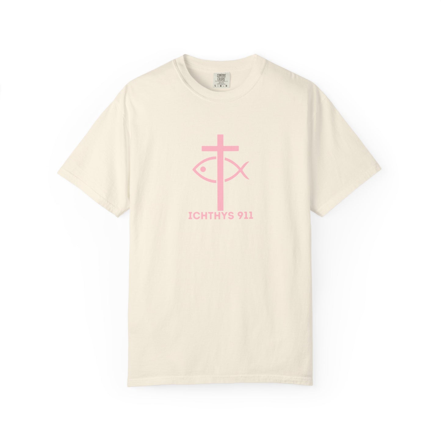 ICHTHYS 911 - Authentic - Christian Streetwear T-Shirt / Sweatshirt – Jesus Gym & Faith Fashion, Unisex Garment-Dyed T-Shirt Soft Pink Font