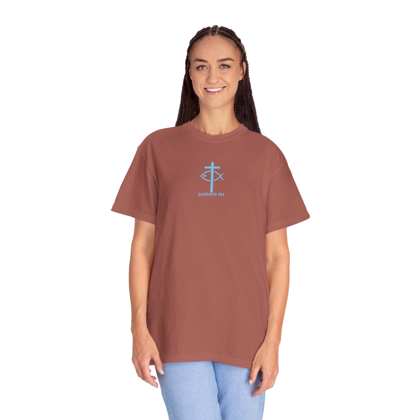 ICHTHYS 911 - Blue Font - Vendor - "Iēsous Christos, Theou Yios, Sōtēr" - Garment-Dyed Unisex T-Shirt - Men T-Shirt - Women T-Shirt - Christian Symbol - Greek - Faith Inspired -Christian Streetwear – Jesus Gym & Faith Fashion, Unisex Garment