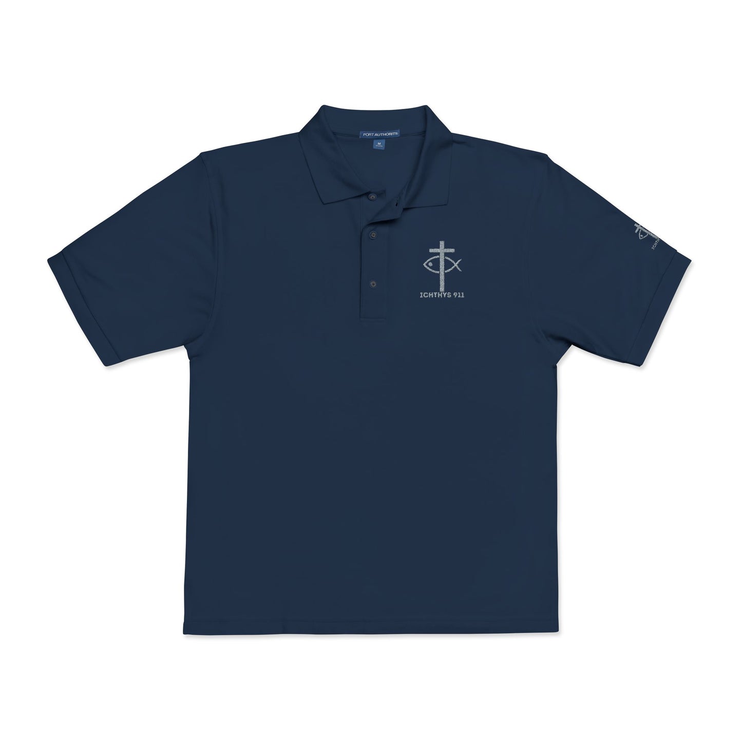ICHTHYS 911 - Blue Font - "Iēsous Christos, Theou Yios, Sōtēr" - Stylish Unisex Polo Shirt with Elegant Embroidery | Perfect for Casual Outings and Event- Women - Men