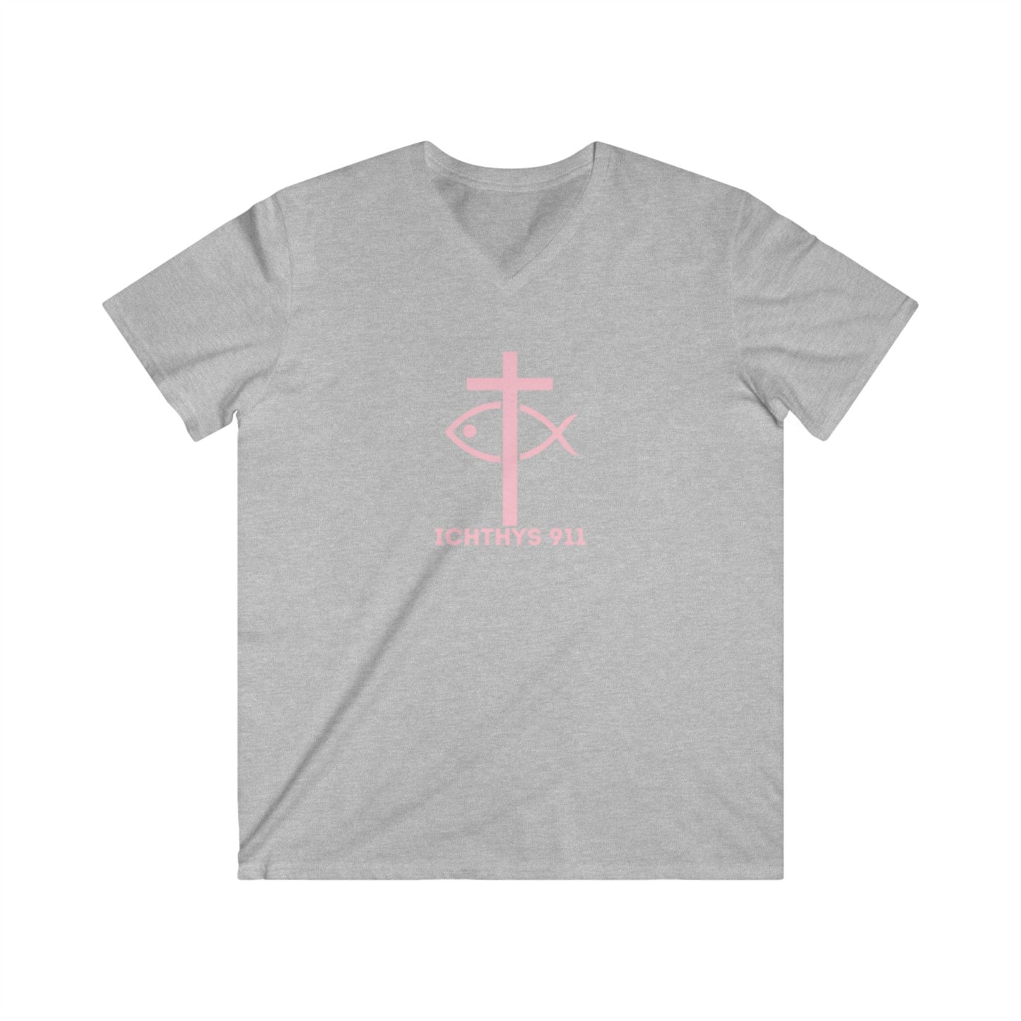 Authentic Collection - Men's Fitted V-Neck Short Sleeve T - Shirt - Faith-Inspired - Christian Faith - Light Pink Font - ICHTHYS 911 -