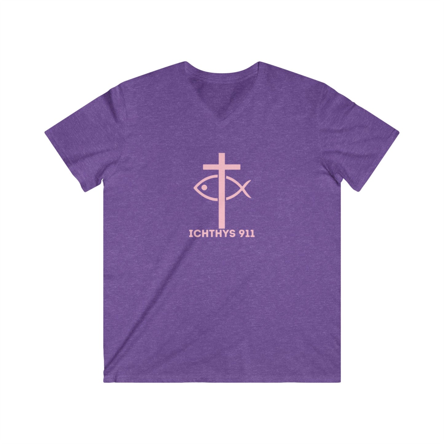 Authentic Collection - Men's Fitted V-Neck Short Sleeve T - Shirt - Faith-Inspired - Christian Faith - Light Pink Font - ICHTHYS 911 -
