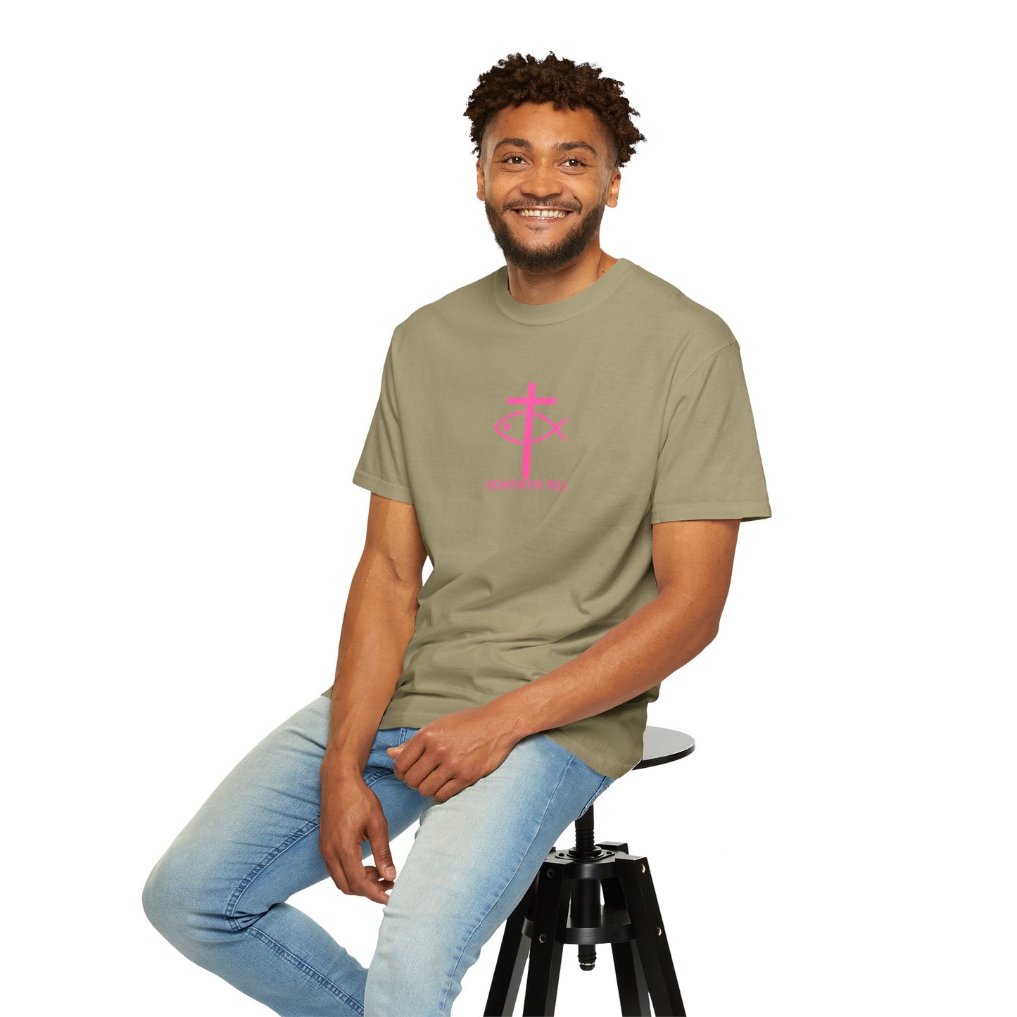 ICHTHYS 911 - "Authentic Design" - Pink Font - Unisex - Men T-Shirt - Women T-Shirt - Christian Streetwear T-Shirt – Jesus Gym & Faith Fashion, Unisex Garment-Dyed T-Shirt