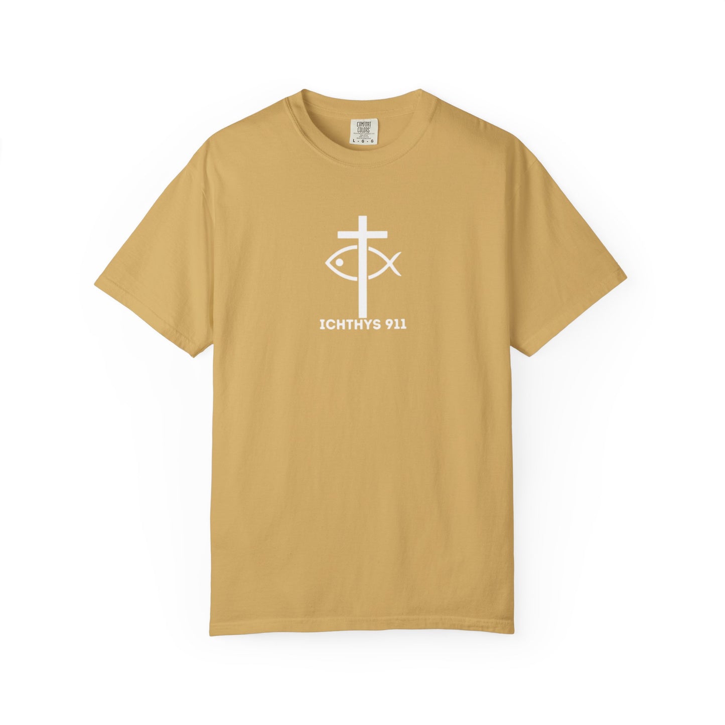 ICHTHYS 911 - White Font "Faith, Hope, & Love" - Garment Dyed - 100% US Cotton - Unisex T-Shirt - Men T-Shirt - Christian Women Tee - Faith-Inspired Shirt - Christian Fashion - Wear Your