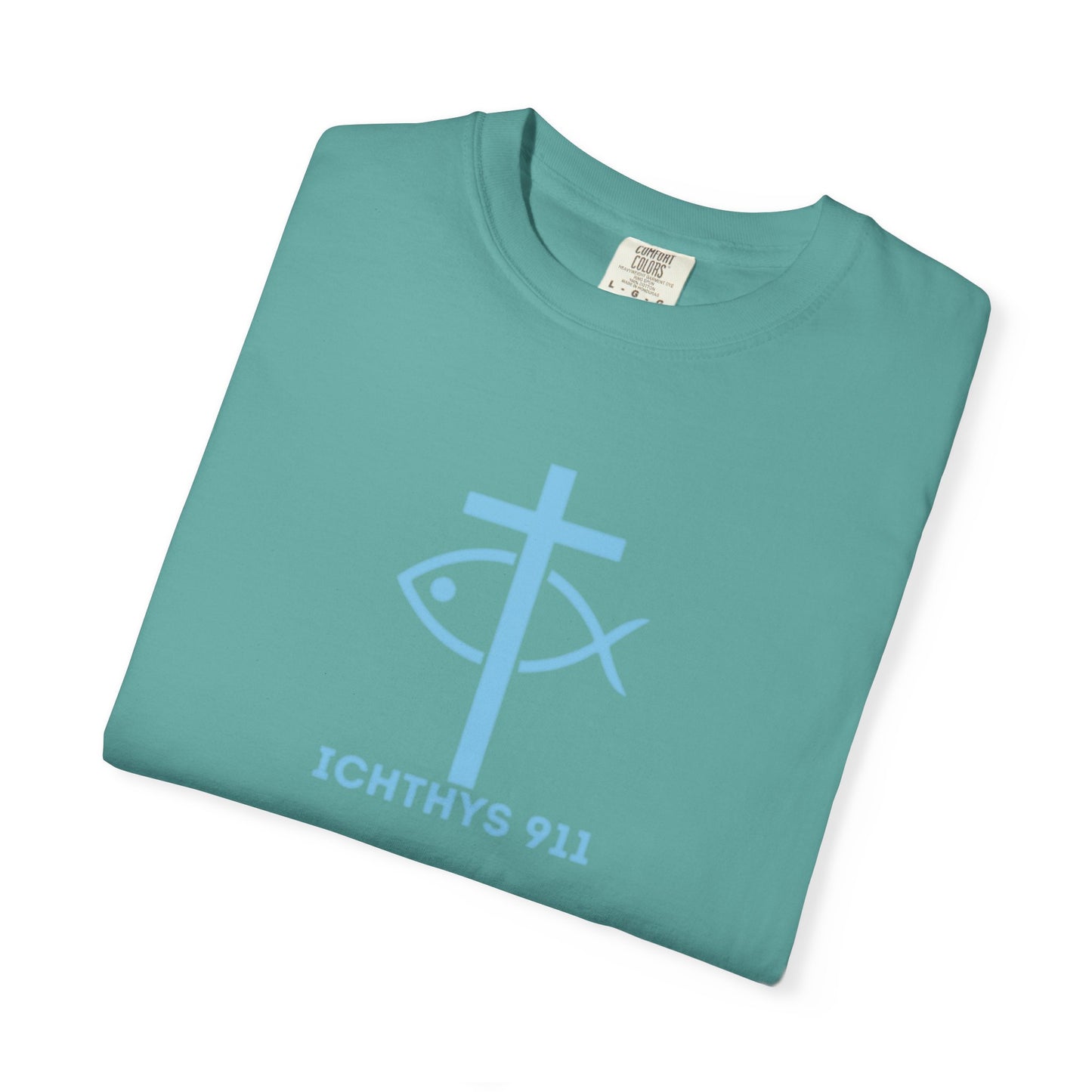 Iēsous Christos, Theou Yios, Sōtēr - Blue Font - Garment-Dyed Unisex T-Shirt - 100# US Cotton -Men T-Shirt - Women T-Shirt - Faith Inspired - Unisex Garment - ICHTHYS 911 - Blue Font - Heavy Duty Shirt