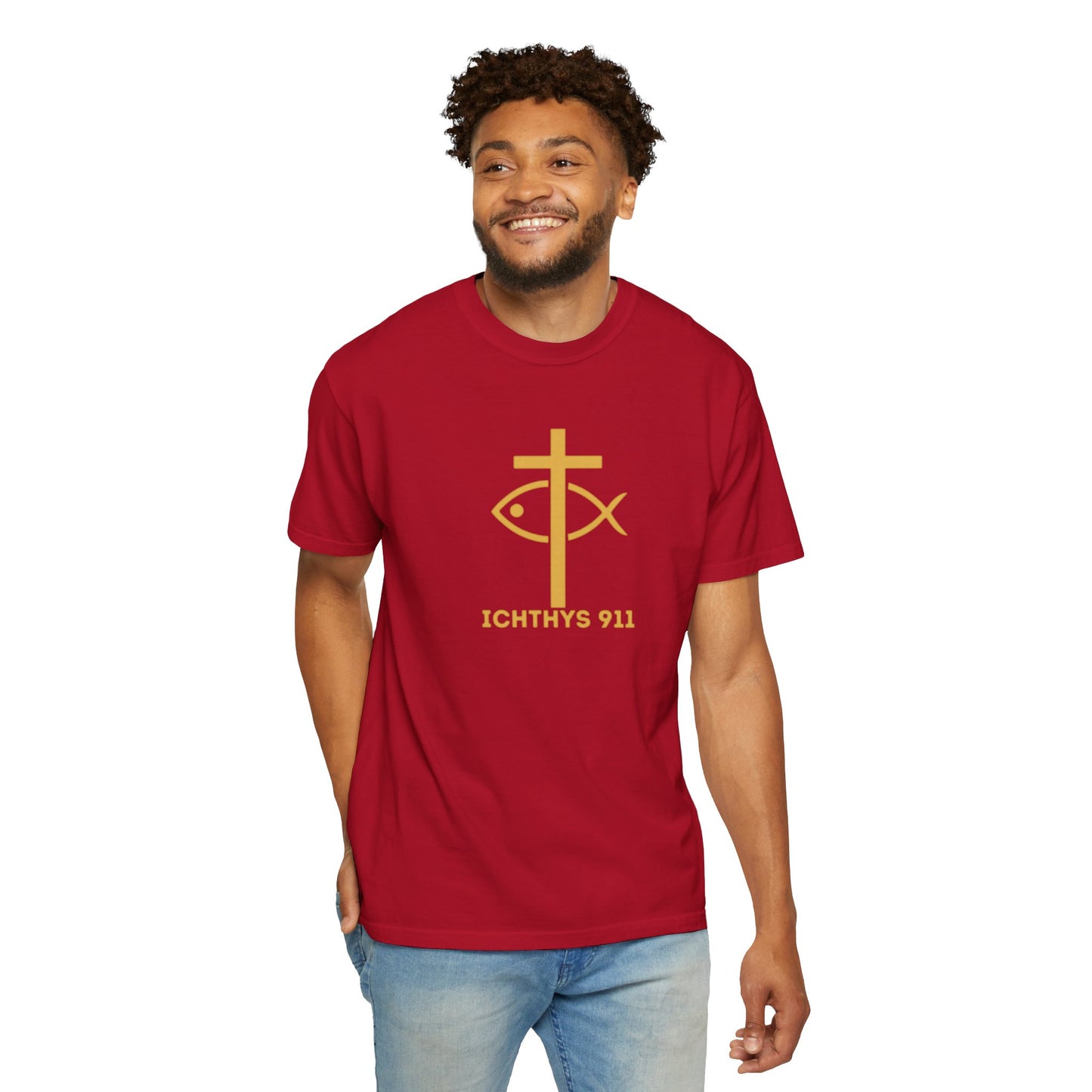 Iēsous Christos, Theou Yios, Sōtēr = Jesus Christ, Son of God, Savior - Gold Font - Unisex Garment Dyed T- Shirt - Men T-Shirt - Women T-Shirt - Christian Streetwear T-Shirt – Jesus Gym & Faith Fashion,ICHTHYS 911 -