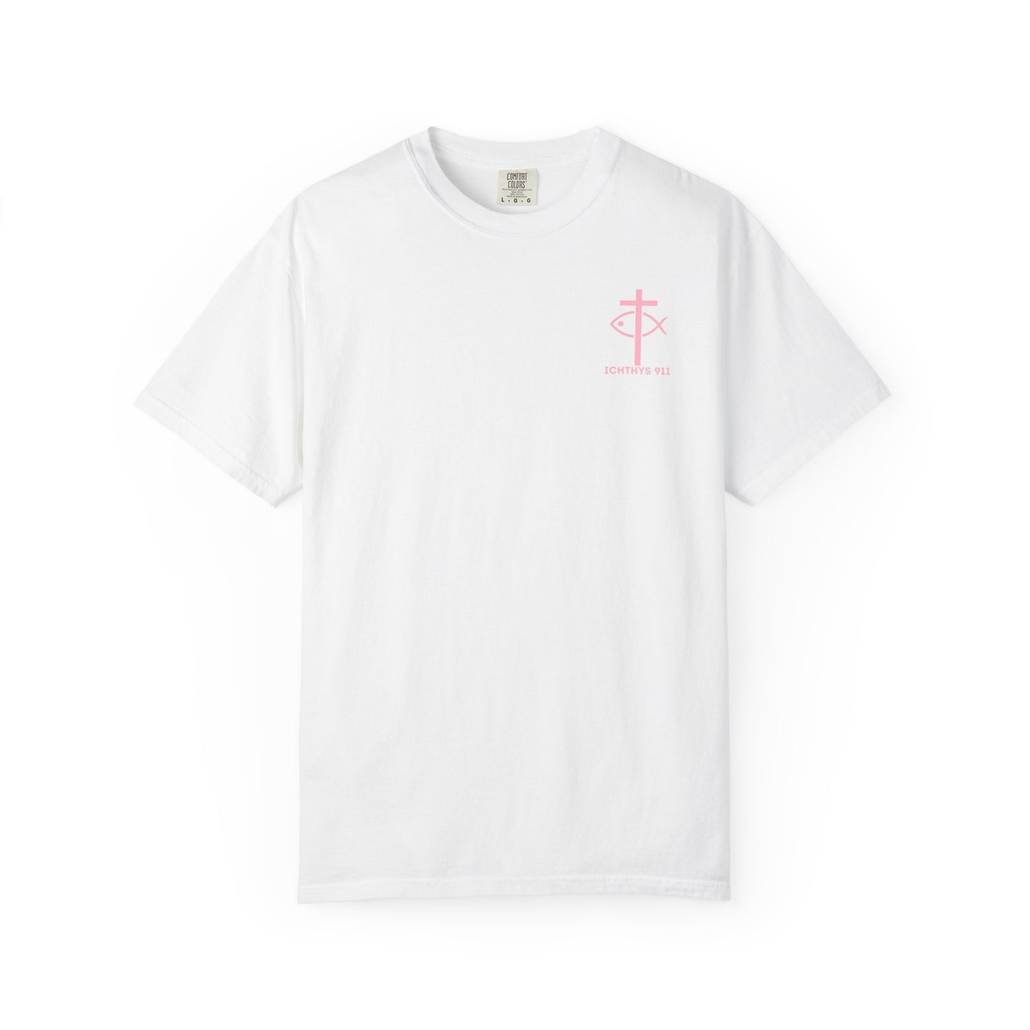 ICHTHYS 911 Pink Font "Badge Collection" - Unisex Garment Dyed T-Shirt 100% US Cotton - Christian Graphic Tee - Gym - T - Christian Faith - Jesus Wear - Women T-Shirt - Men T-Shirt - Garment Dyed