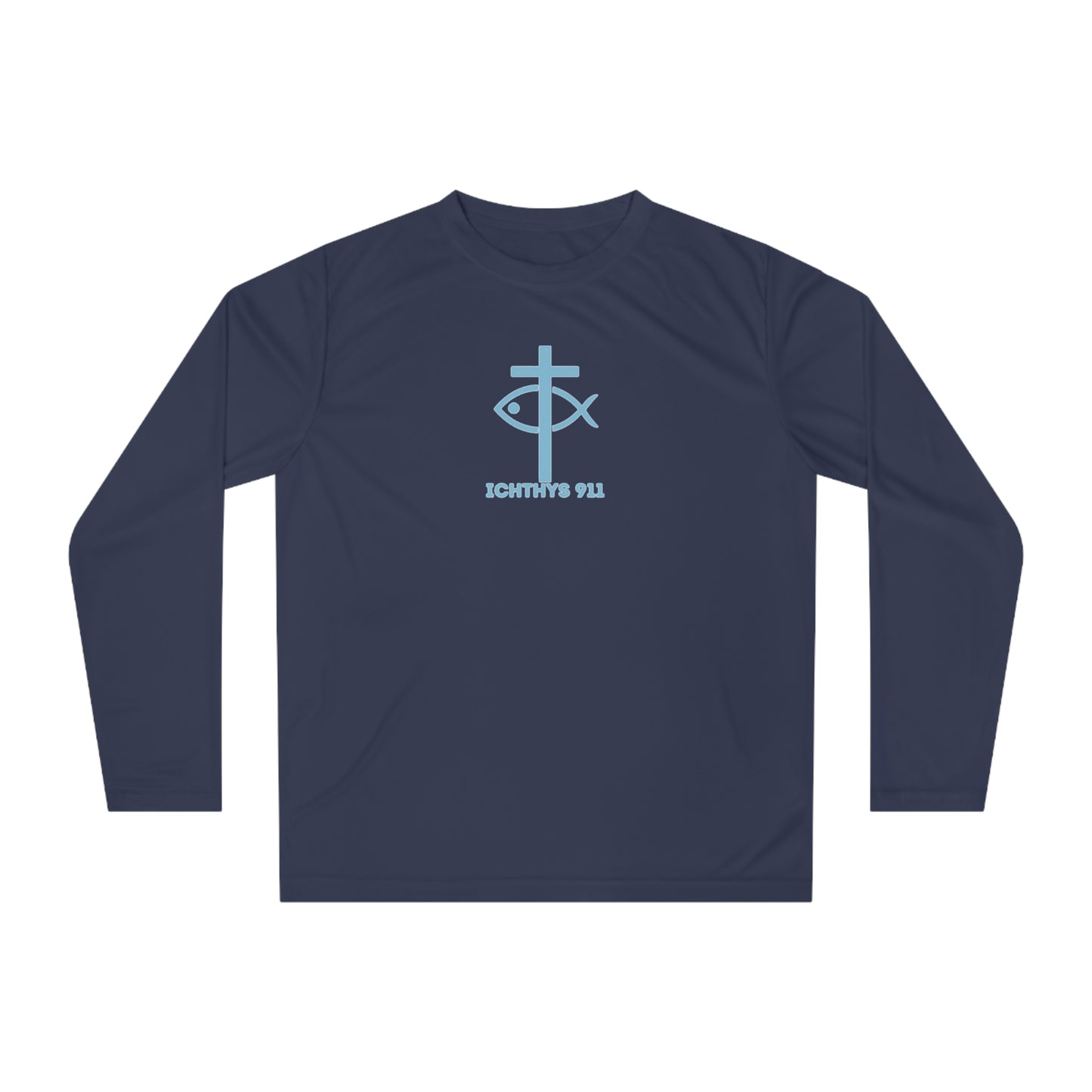 ICHTHYS 911 - Blue Font "13th Disciple" Unisex Performance Long Sleeve Shirt - 100% Moisture-Wicking Polyester - Men - Women - Christian Activewear Blue Font
