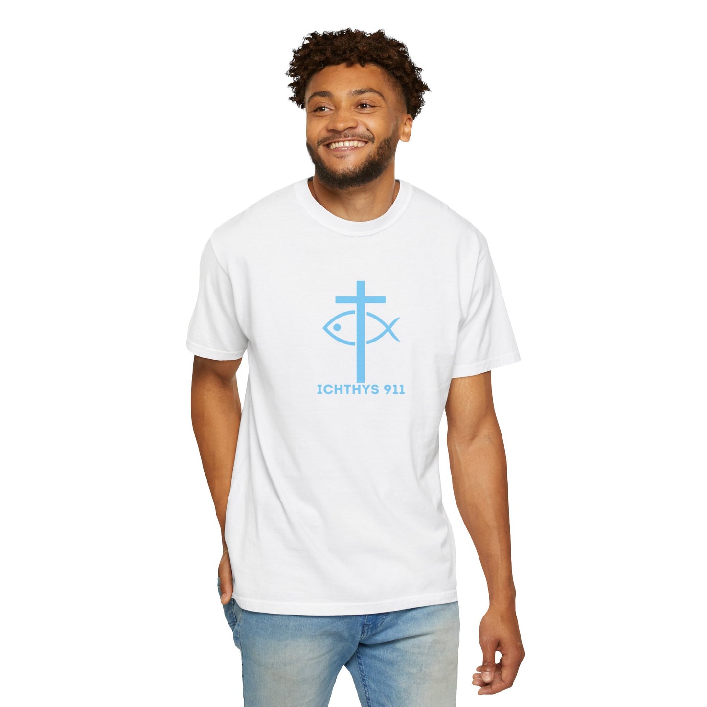 Jesus Christ Son of God Savior - Blue Font - Unisex Garment Dyed T- Shirt - Men T-Shirt - Women T-Shirt - Christian Streetwear T-Shirt – Jesus Gym & Faith Fashion - ICHTHYS 911