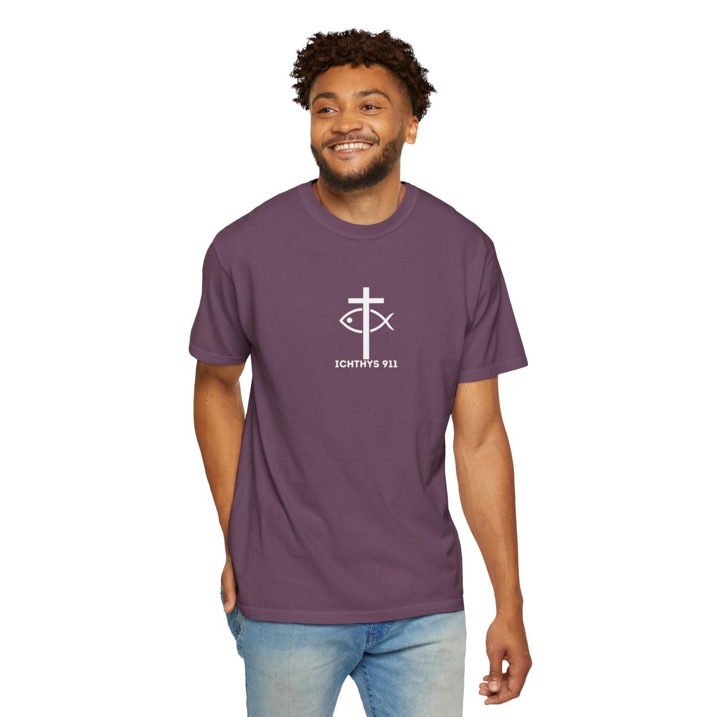 ICHTHYS 911 - White Font "Faith, Hope, & Love" - Garment Dyed - 100% US Cotton - Unisex T-Shirt - Men T-Shirt - Christian Women Tee - Faith-Inspired Shirt - Christian Fashion - Wear Your Faith - Additional Colors