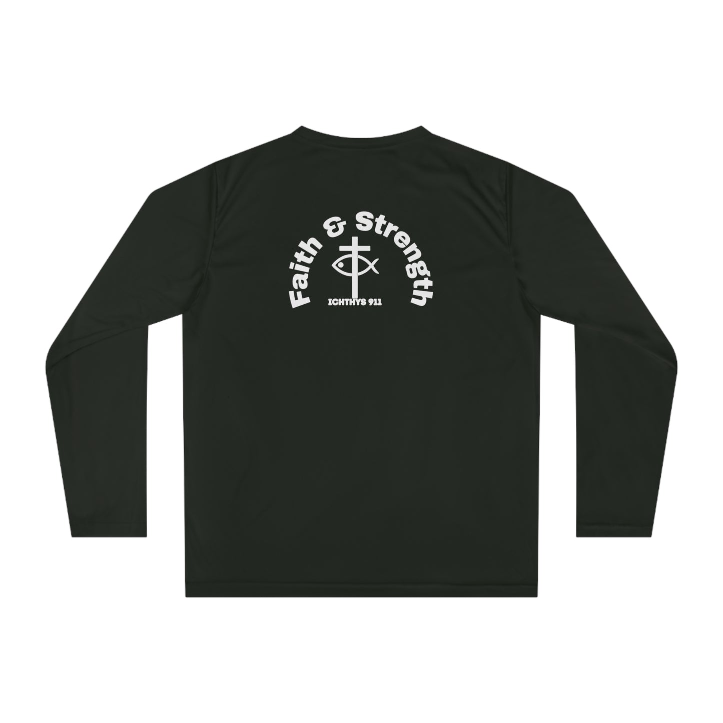 ICHTHYS 911 "Faith & Strength" Black Font Reverse Design - Unisex Performance Long Sleeve Shirt - Christian Activewear - Men - Women -100% Moisture-Wicking Poly