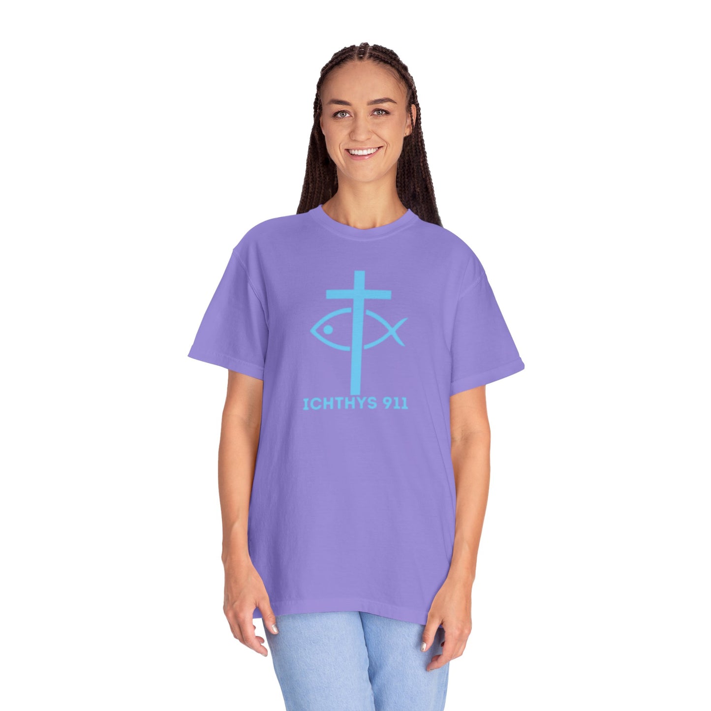 Authentic - Christian Streetwear T-Shirt – Jesus Gym & Faith Fashion, Unisex Garment-Dyed T-Shirt Blue Font - ICHTHYS 911