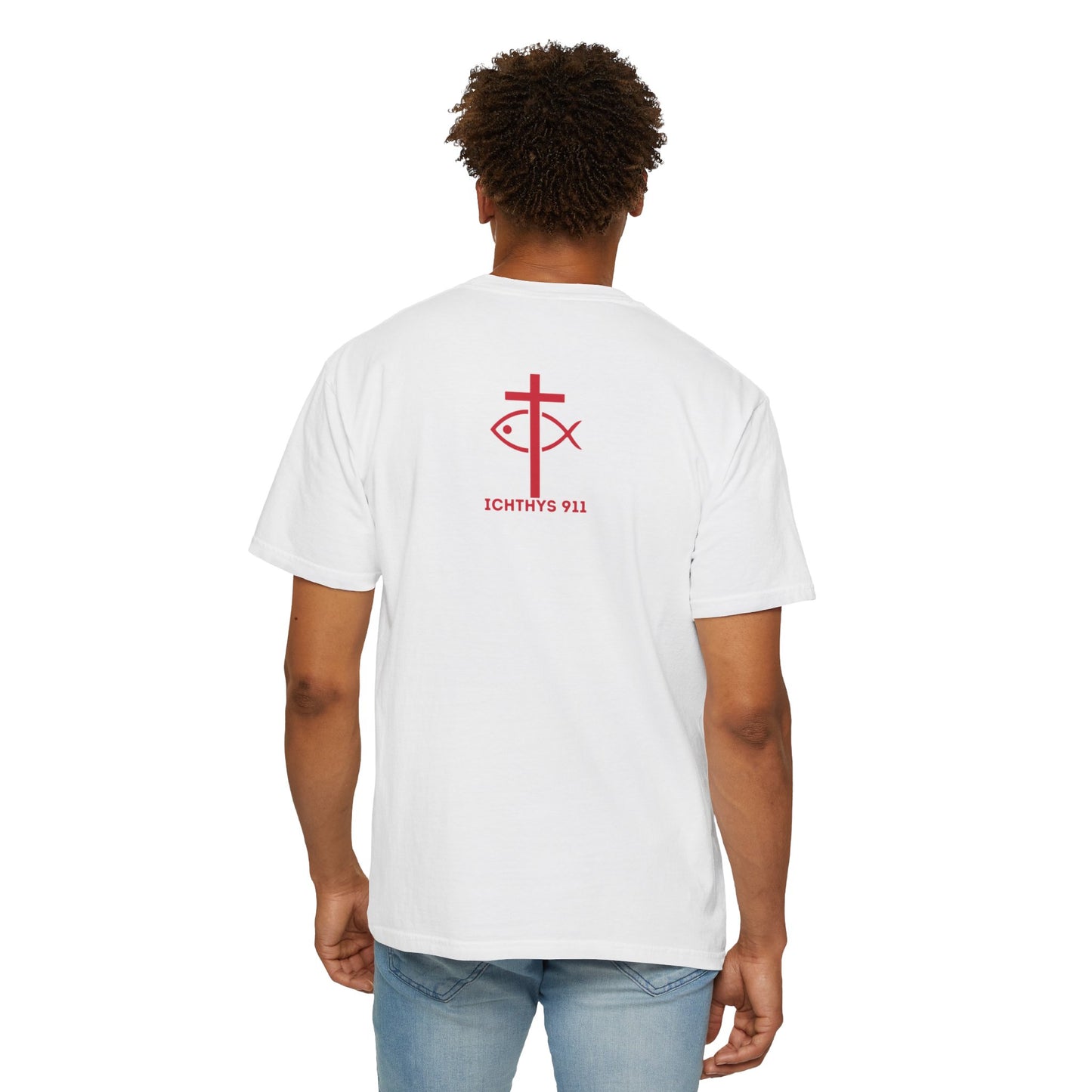 ICHTHYS 911 - "God Sees the Heart" Reverse Design - White Font - Unisex Garment - Dyed T-Shirt - 100% US Cotton - Men T-Shirt - Women T-Shirt - Inspirational Graphic T-Shirt for Everyday Motivation