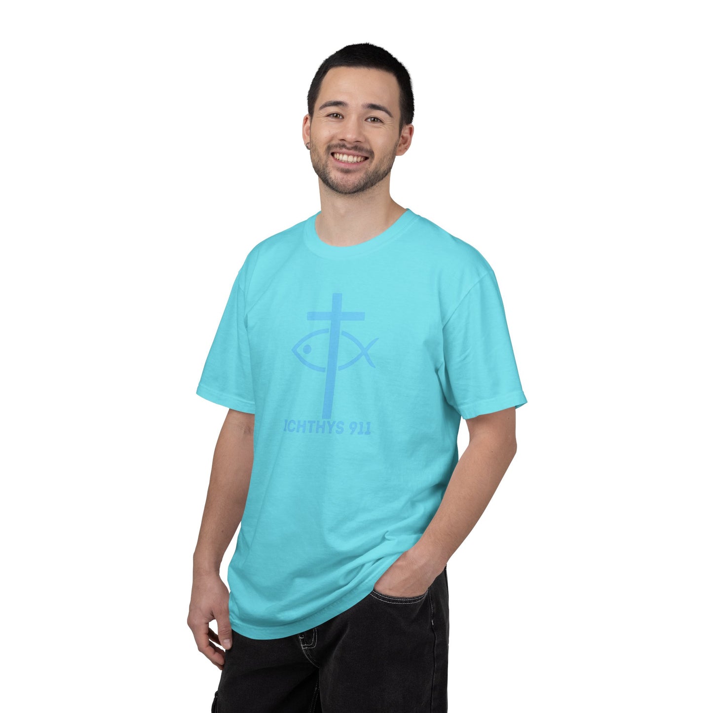 Authentic - Christian Streetwear T-Shirt – Jesus Gym & Faith Fashion, Unisex Garment-Dyed T-Shirt Blue Font - ICHTHYS 911