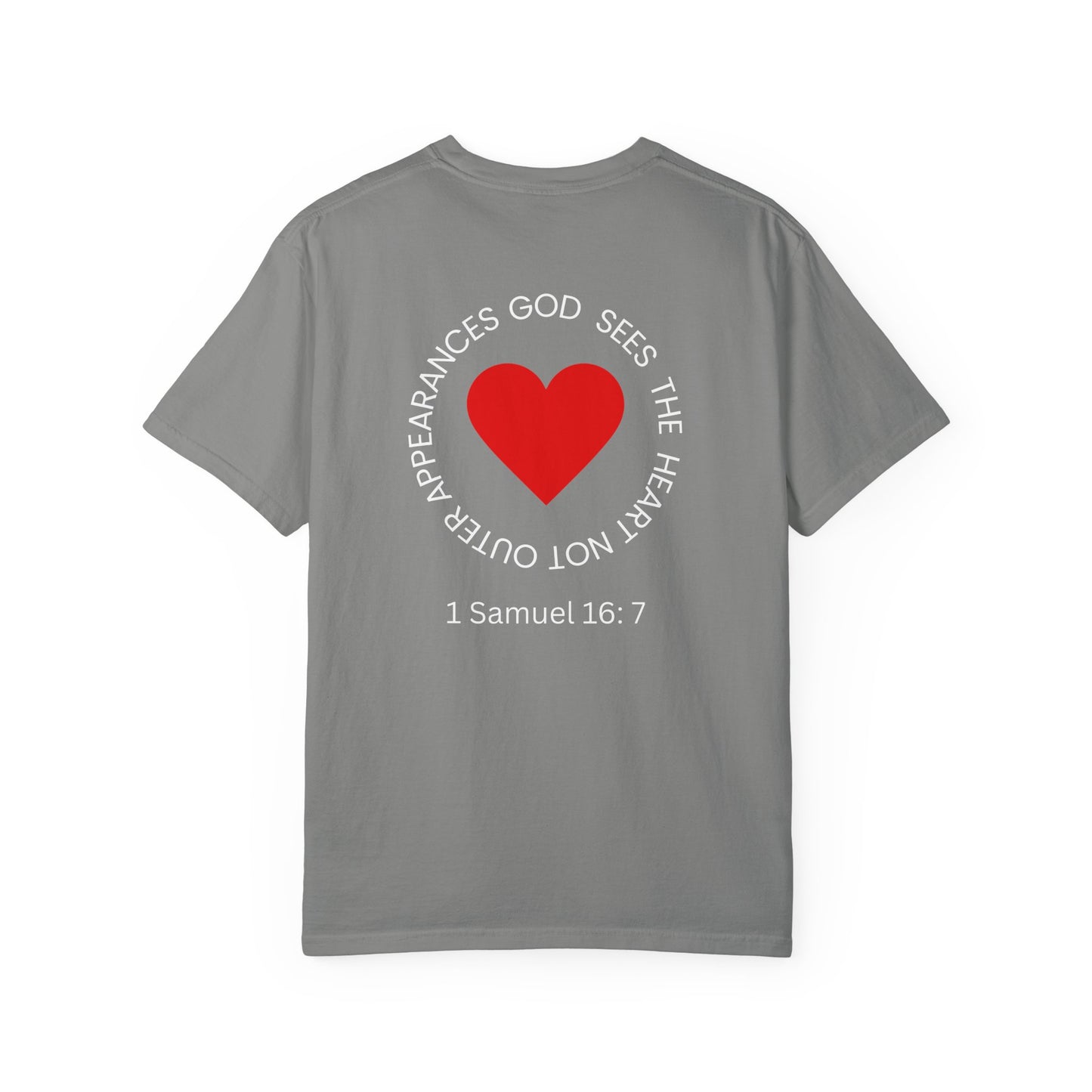 ICHTHYS 911 -  "God Sees the Heart" - White Font - Unisex Garment - Dyed T-Shirt - Inspirational Graphic T-Shirt for Everyday Motivation - 100% US cotton