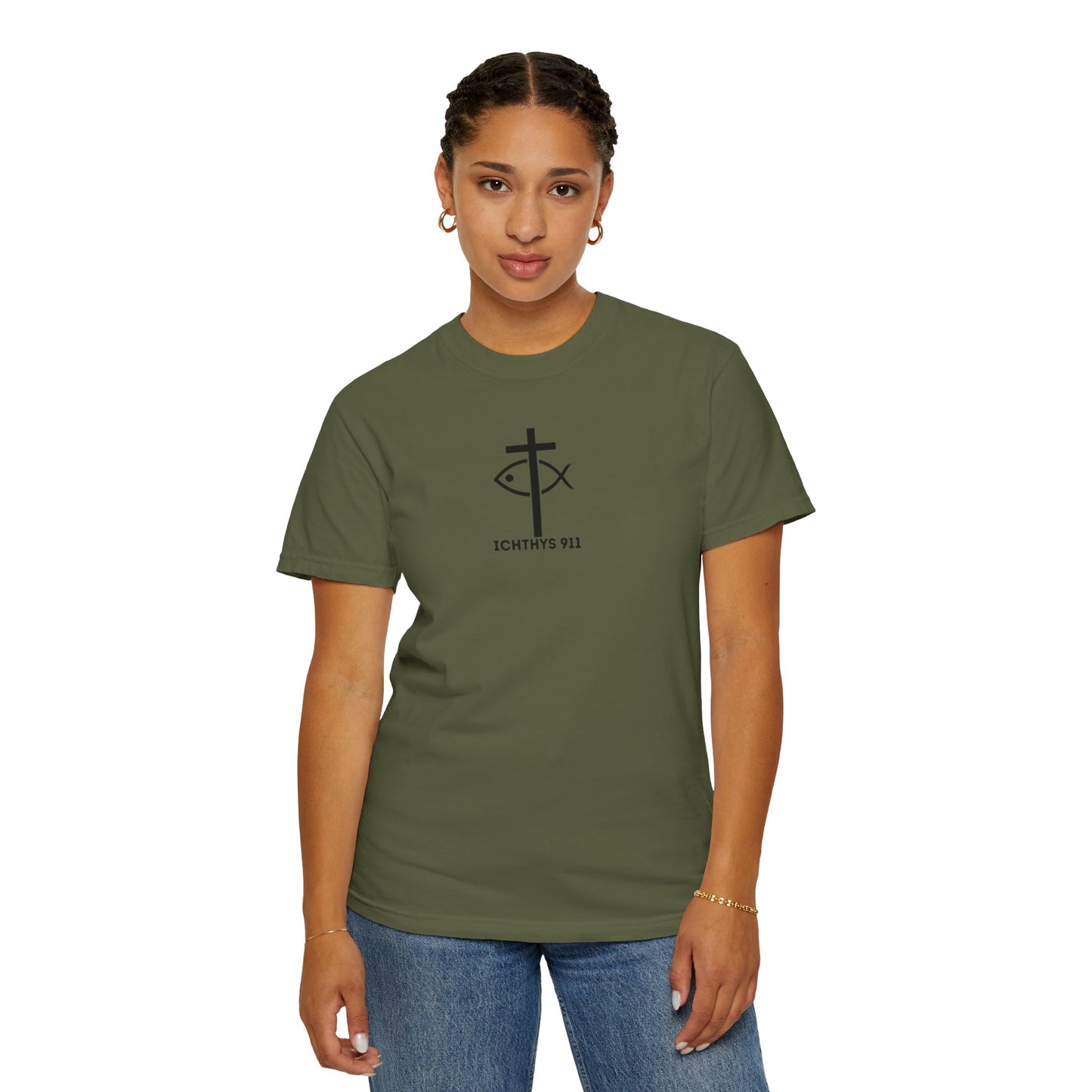 ICHTHYS 911 Black Font - "Run With Endurance Hebrews 12:1" - Unisex Garment Dyed T-Shirt -100% US Cotton - Men T-Shirt - Women T-Shirt - Bible Verse - Christian Faith - Christian Workout