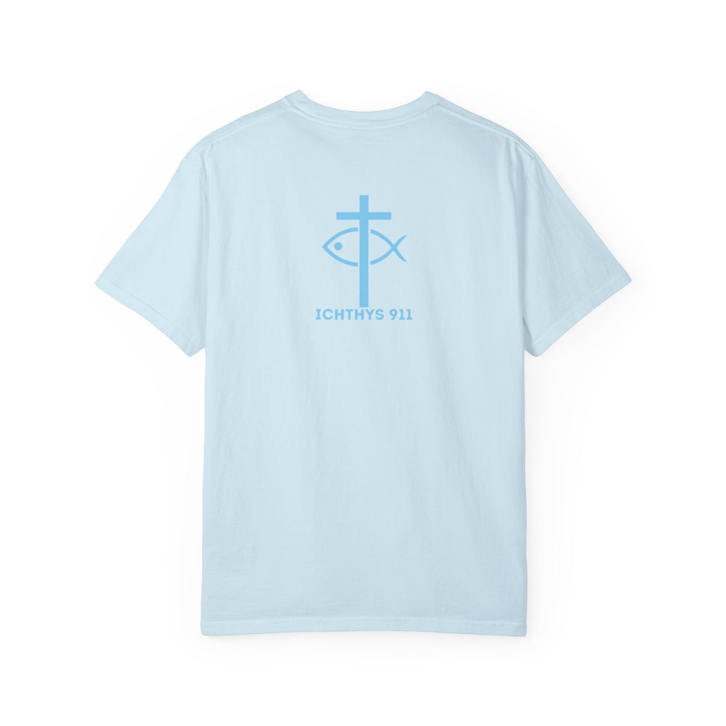 ICHTHYS 911 Blue Font "Iēsous Christos, Theou Yios, Sōtēr" - Reverse - Collection - Unisex - Christian Graphic Tee - Gym - T - Christian Faith - Jesus Wear - Women T-Shirt - Men T-Shirt