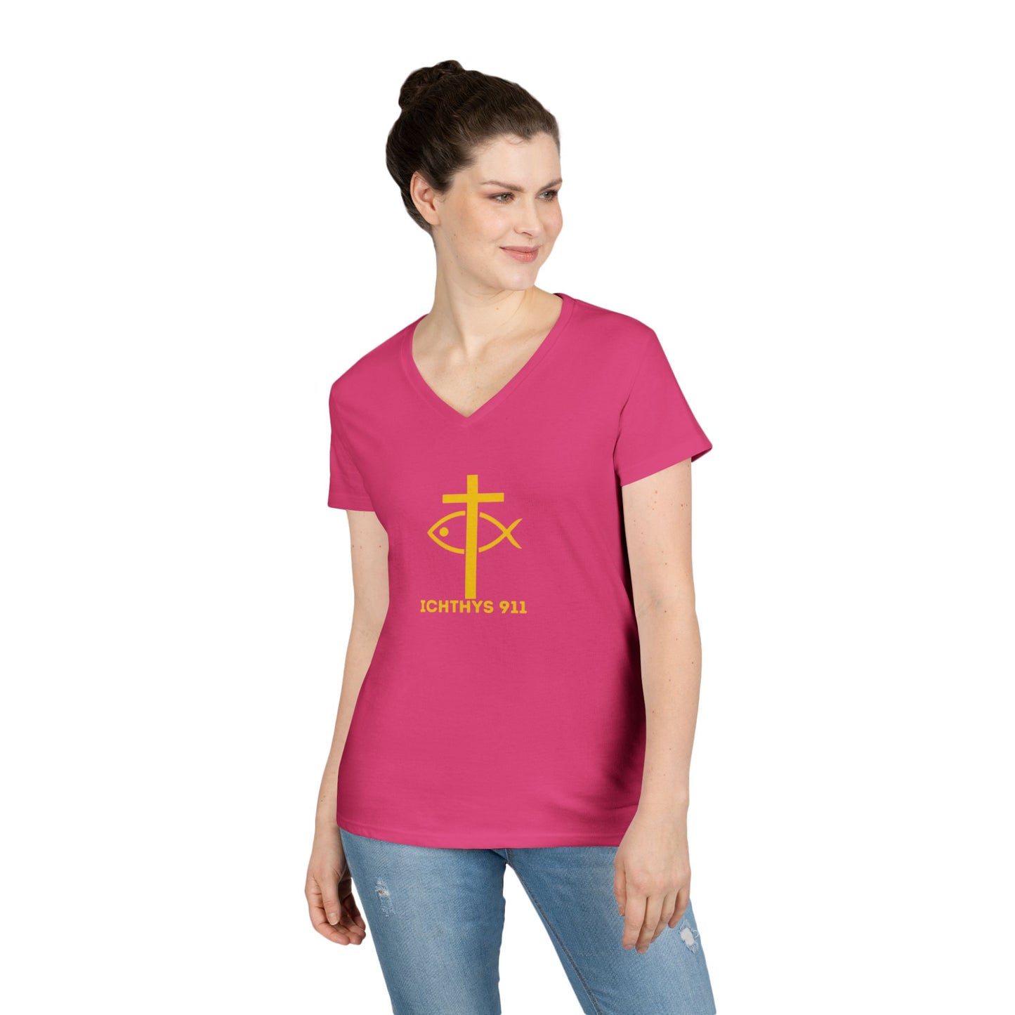 God Sees The Heart Gold Font Women’s Faith-Inspired V-Neck T-Shirt - ICHTHYS 911 Design911 Design