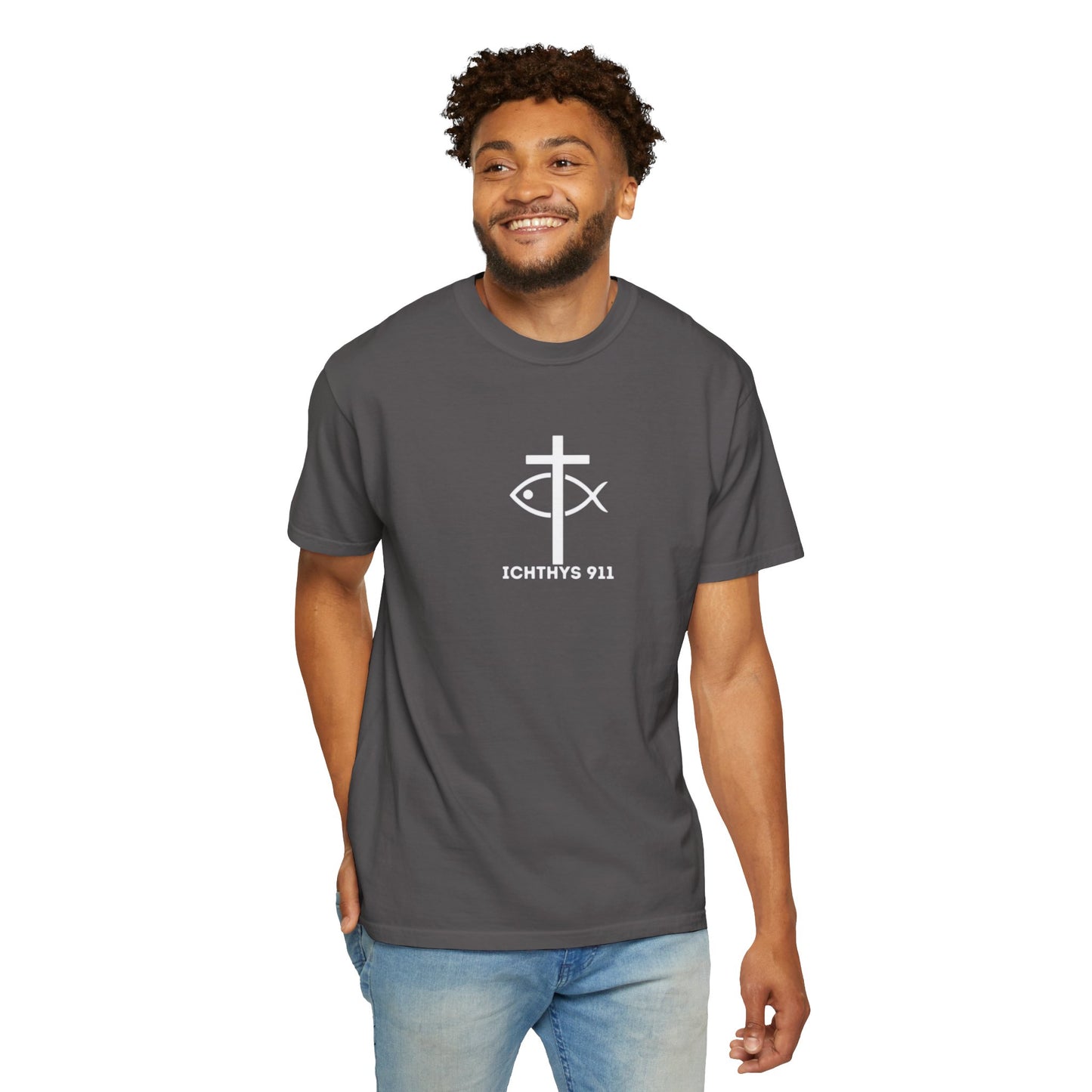 ICHTHYS 911 - 13th Disciple Collection - Christian Streetwear T-Shirt / Sweatshirt – Jesus Gym & Faith Fashion, Unisex Garment-Dyed T-Shirt White Font